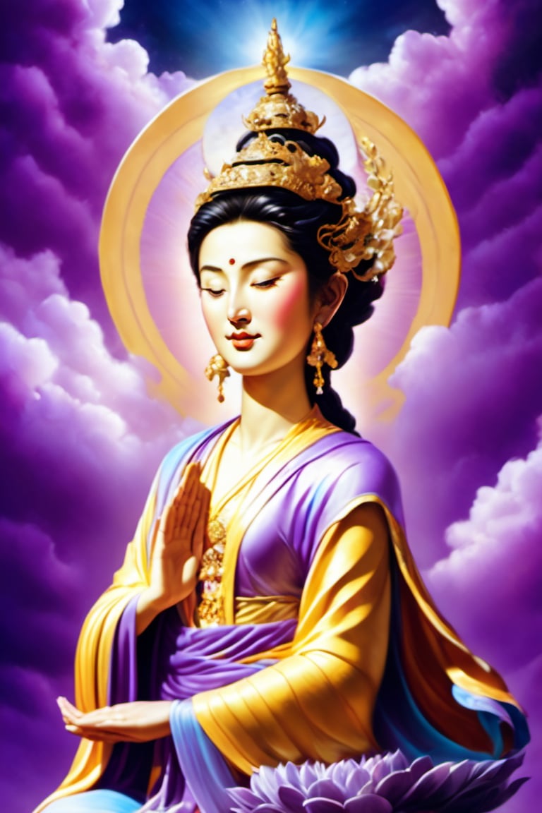 portrait of the goddess Kwan Yin, in full color, hyperdetailed, hyperrealistic, 4K, in the background a bright light that indicates divinity, purple color, clouds in the sky, his face reflects happiness, fulfillment, and serenity