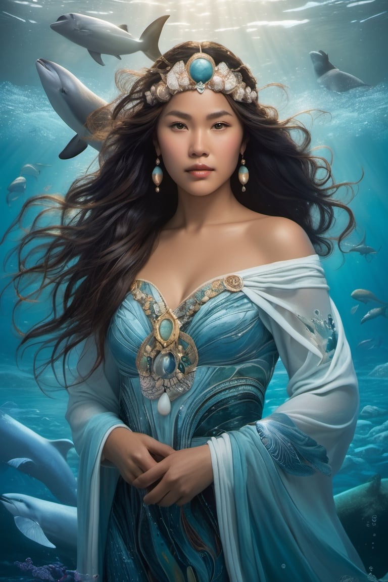 Detailed and realistic portrait of the Goddess Sedna, an Inuit traditional clothes, a central figure in Inuit mythology, looking in front of the camera, reflecting her role as the goddess of the sea and marine life. The image is to show Sedna at the bottom of the ocean, surrounded by sea creatures such as whales, seals and fish, symbolizing her control over marine resources. Sedna must be represented as an Inuit woman, with authentic features and traditional clothing adorned with fur and Inuit details. Her hair should blend into the surrounding waters, and her hands should hold a sea comb, symbolizing her ability to control marine life. The seabed should be picturesque, with cold tones that reflect the arctic environment. Lighting should highlight the beauty and mystery of the deep ocean. The color palette should include shades of blue, green and white to convey the feeling of being underwater. The image must be high resolution and have a realistic style that honors the rich Inuit mythology and their relationship with the sea. 