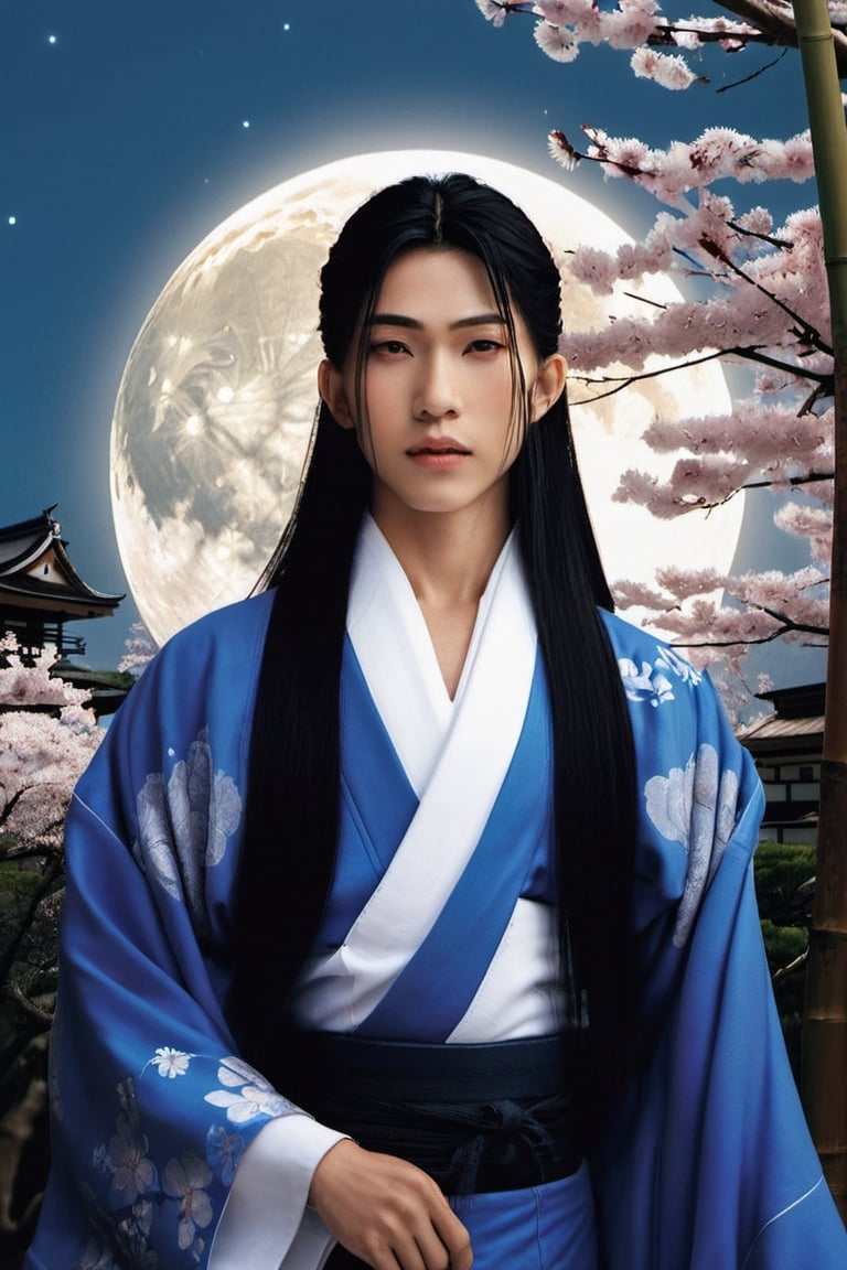 God Tsukuyomi, (((a man:2.0))), ((god of the moon)), beautiful man, with a serene face, Japanese anime-type features, (straight black Japanese-type hair), (black hair), white skin, fine features, black eyes with round pupils, ((Front posture looking at the camera)), (((long hair, black hair, straight hair, japanese hair))). ((Traditional costume of the Japanese god Tsukuyomi)), colorful, white, blue, silver, violet, gold. In the background, a ((mythical Japanese setting)), (((cherry trees, bamboo, a mythical and traditional Japanese forest))), ((a Japanese temple of the god Tsukuyomi)), ((in the night sky a full moon:2.0)), white and bright, with white and blue neon lights. Bamboo in some areas of the image, (((a mythical Japanese setting:2.0))), full color. With a lot of detail. realistic, stunning realistic photograph, gentle sunlight, stunning realistic photograph, 3d render, octane render, intricately detailed, cinematic, trending on artstation, Isometric, Centered hyper ealistic cover photo, awesome full color, hand drawn, dark, gritty, mucha, klimt , erte 128k, high definition, cinematic, neoprene, be chance contest winner, portrait featured on unsplash, stylized digital art, smooth, ultra high definition ,The most modern camera today fujifilm gfx 100s, 84k, unreal engine 5, ultra sharp focus, intricate artwork masterpiece, ominous, epic, TanvirTamim, trending on artstation, by artgerm, giger and beksinski, highly detailed, vibrant.