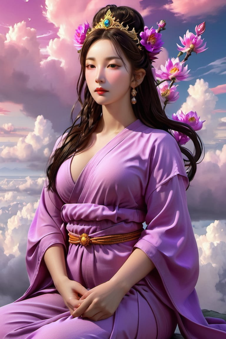 portrait of the goddess Kwan Yin, in full color, hyperdetailed, hyperrealistic, 4K, in the background a bright light that indicates divinity, purple color, clouds in the sky,yua_mikami