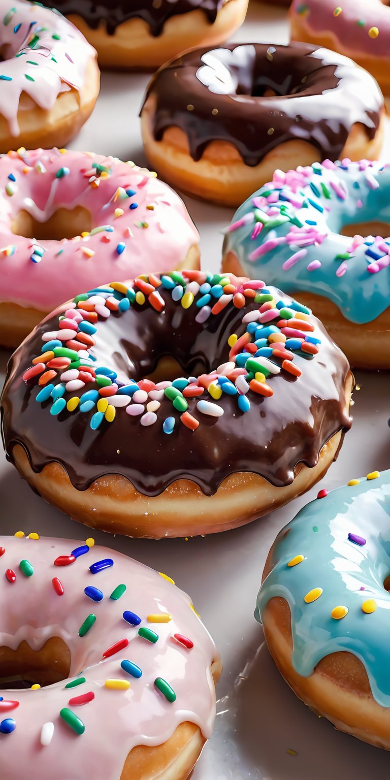 This image shows a selection of decorated doughnuts with a shallow depth of field, where one doughnut in the foreground is in clear focus while the others gradually blur into the background. The doughnut in focus is topped with white icing and adorned with multicolored sprinkles, creating a vibrant contrast against the golden-brown pastry. In the background, other doughnuts appear to have chocolate icing and a similar array of colorful sprinkles. The warm light that illuminates the doughnuts suggests a cozy atmosphere, perhaps a bakery or cafe setting, and emphasizes the inviting textures and colors of the sweet treats on display.












