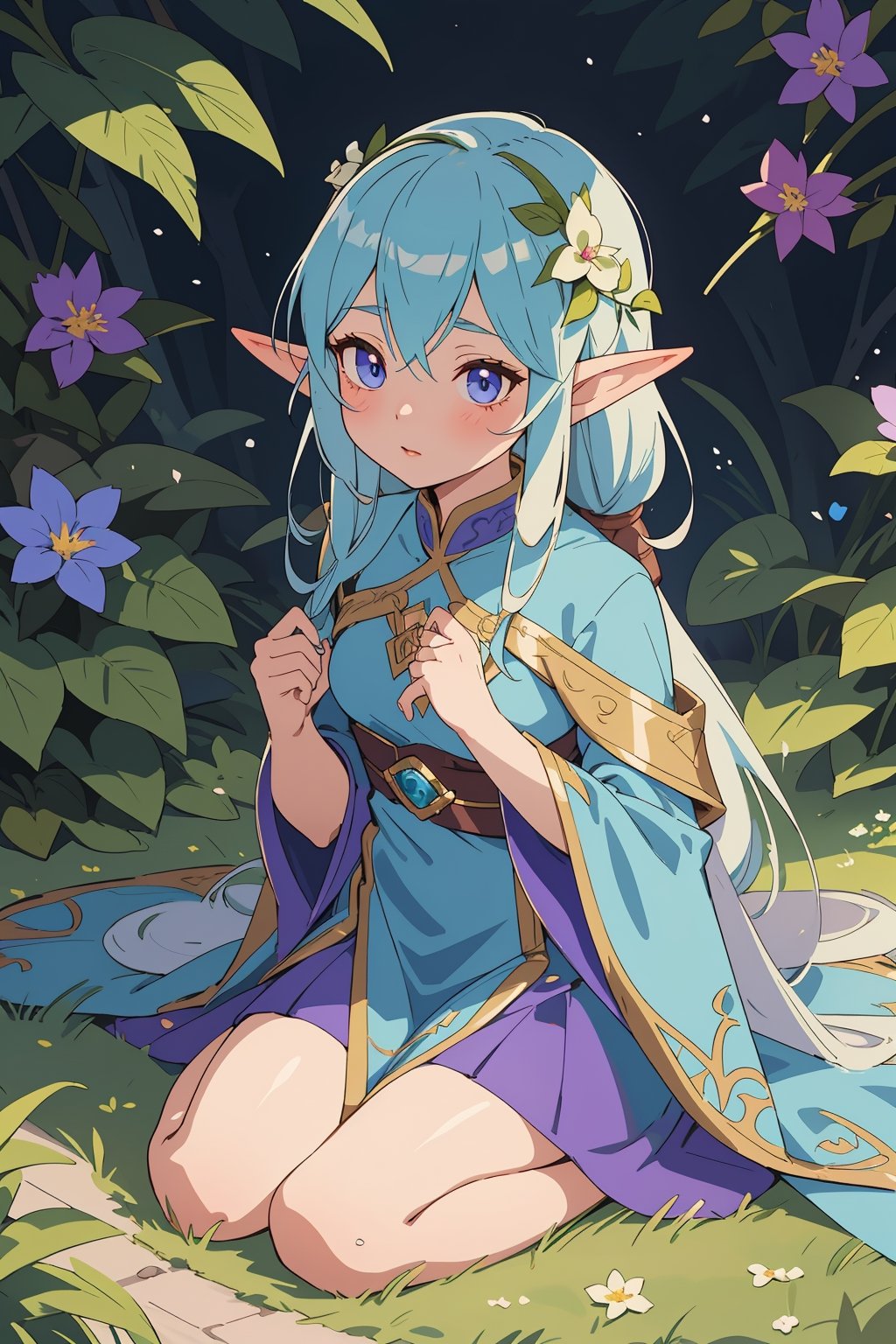 anime girl sitting on the ground in a blue dress, elf girl wearing an flower suit, beautiful and elegant female elf, long elf ears, elven, elf girl, beautiful elf with violet skin, beautiful elf with ornate robes, elf ears, top rated on pixiv, beautiful wood elf, tsuaii, portrait of very beautiful elf, beautiful and elegant elf queen