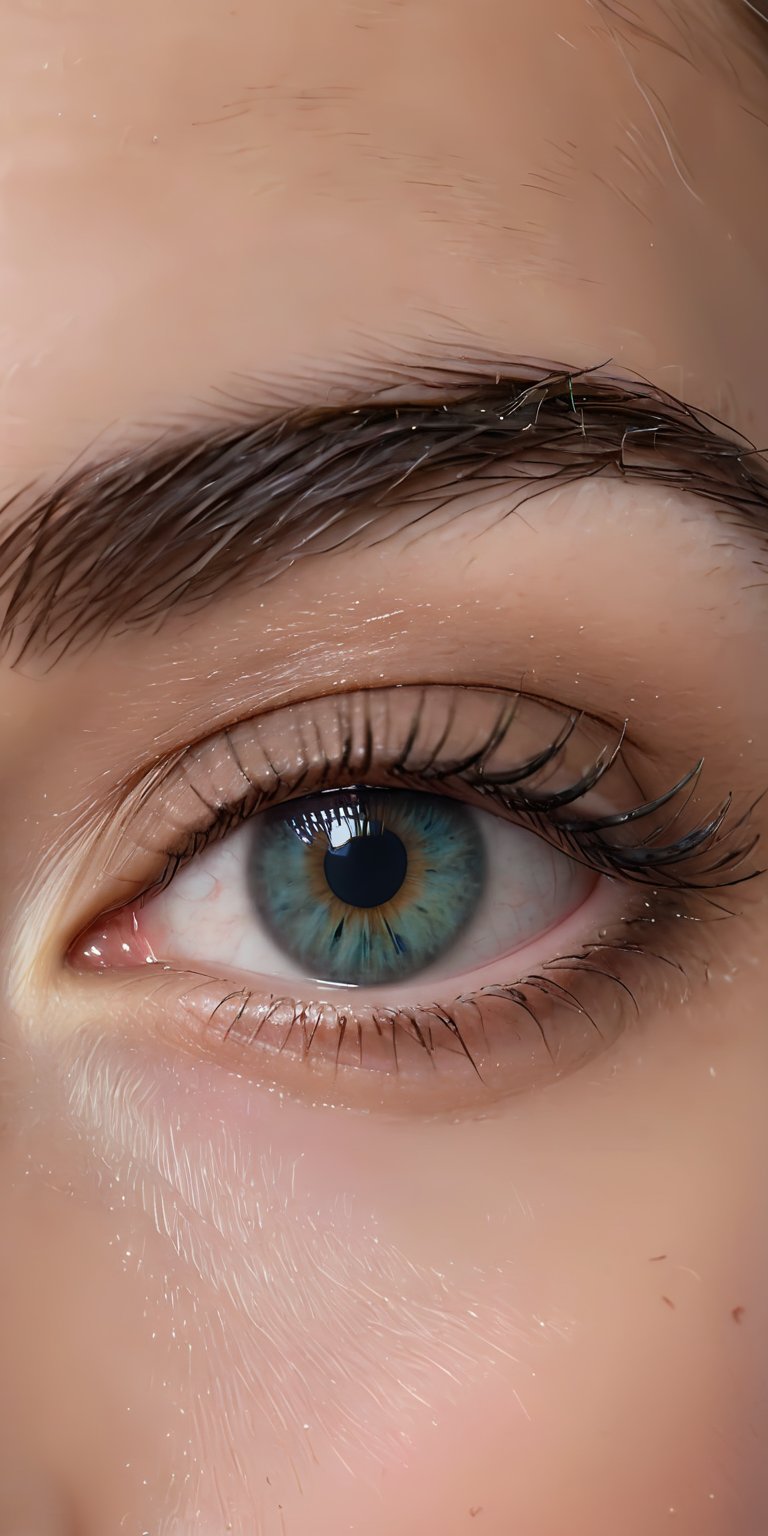 This is a close-up of a human eye. The eye is a beautiful blue-green color, with a dark pupil in the center. The details of the iris can be clearly seen, showing the subtle colors and patterns in it.
The eyelashes appear long and thick, and there is a thin line of black eyeliner on the upper lid, highlighting the shape of the eye.
The eyebrow is shown at the top of the image, and is dark in color and has thick hair.
The skin around the eye appears smooth and clear, with a light skin tone.
The image was taken in very high resolution, allowing us to see the finest details in the eye and the surrounding area. It is a beautiful image that highlights the beauty and complexity of



















