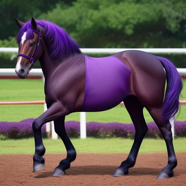 a horse with purple eyes, HIS EARS ARE PURPLE, WHITE LEGS WITH PURPLE HAIR
