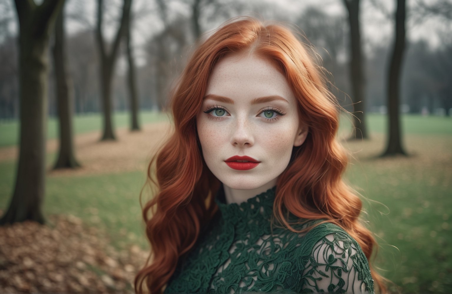 character in (perfect proportions) and (intricate details: 1.2), close-up portrait of a slightly smiling (red hair: 1.2) Polish beauty with (red lips: 0.8) and black eyeliner and winter green dress in the park will look stunning, natural details skin, film grain, blurry background, cinematic lighting, natural colors, photo, 8k, dark, dynamic action, pale faded style, cracked lens, dreamy nostalgic, soft focus, dark vignettes, light leaks, medium photography, art painting somber photo of ethereal grain, whimsical and coarse