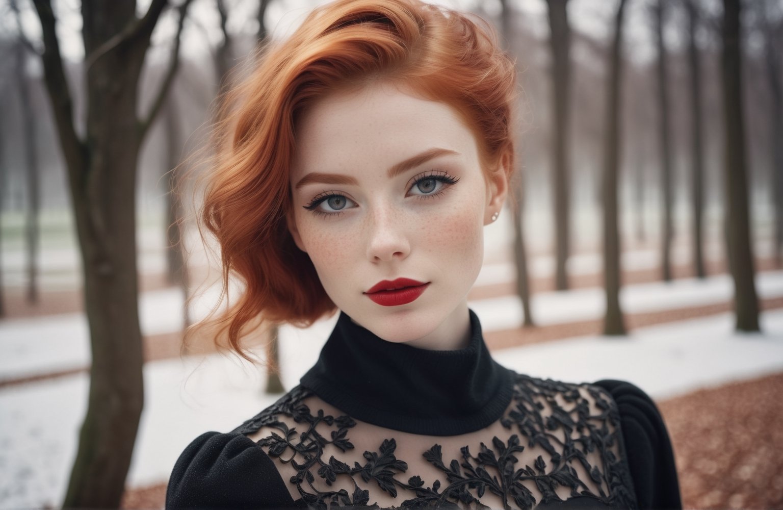 character in (perfect proportions) and (intricate details: 1.2), close-up portrait of a slightly smiling (red hair: 1.2) Polish beauty with (red lips: 0.8) and black eyeliner and winter dress in the park will look stunning, natural details skin, film grain, blurry background, cinematic lighting, natural colors, photo, 8k, dark, dynamic action, pale faded style, cracked lens, dreamy nostalgic, soft focus, dark vignettes, light leaks, medium photography, art painting somber photo of ethereal grain, whimsical and coarse