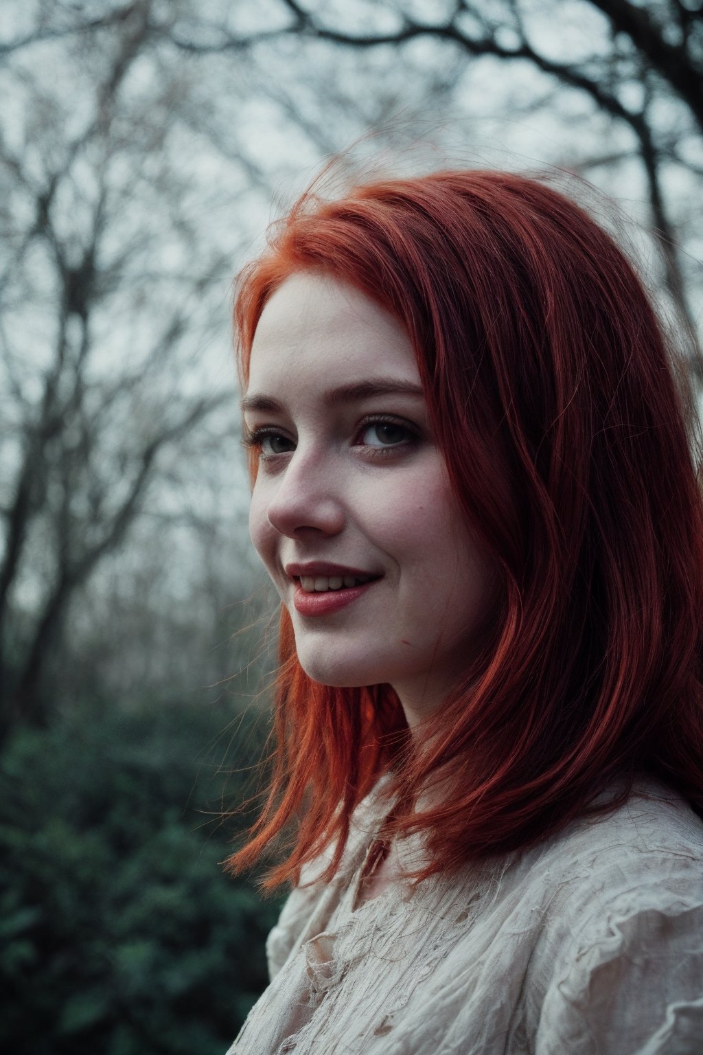 character in (perfect proportions) and (intricate details: 1.2), close-up portrait of a lightly smiling English beauty (red hair: 1.2) with (red lips: 0.8) and black eyeliner and winter dress on park will look stunning, natural detail skin, film grain, blurred background, cinematic lighting, natural colors, photo, 8k, dark, dynamic action, faded pale style, cracked lens, dreamy nostalgic, soft focus, dark vignettes, light leaks , medium photography, dark artistic painting ethereal, whimsical and coarse grain photo