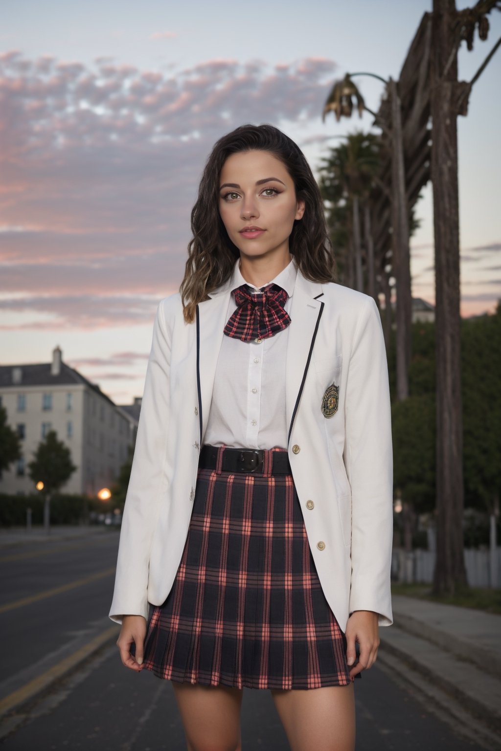 A Woman,  portrait full body_detailed,  very beautiful,  detailed,  intricate details,  Color Booster, SkpFace, 

badge, blazer, buttons, jacket, necktie, plaid, plaid_pants, plaid_skirt, school_uniform, shirt, skirt, long_sleeves, pleated_skirt, checkered_skirt, bow, white_shirt, plaid_bow, plaid_dress, plaid_jacket, plaid_necktie, plaid_neckwear, shuujin_academy_uniform

((sunset, street, melissa stemmer's photography style))

Film Grain, FilmGrainAF,ProduceSei,photorealistic