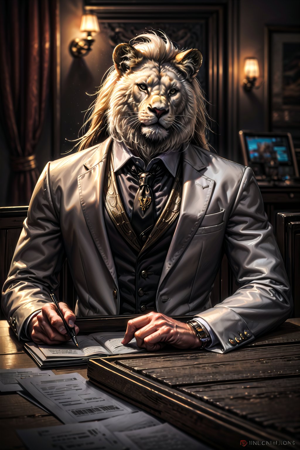 Best quality, 8k, Chiaroscuro ,animal, lion, Cinematic, Studio lightening, Realistic,  close up , bokeh, blur on the sides, muscular_body , human faced , beautiful long hair, handsome , Super Resolution, Extremely Detailed, In this close up In this witty and humorous illustration, a white lion takes on the role of a charismatic business executive. Dressed impeccably in a suit and tie, the lion sits confidently behind a polished wooden desk, ready to lead a corporate meeting. The artwork playfully combines the king of the jungle with the corporate world, offering a refreshing and whimsical take on the lion's iconic stature. The scene is filled with subtle details that add an element of fun and surprise. The scene invites smiles and evokes a sense of lightheartedness. white_lion,perfecteyes