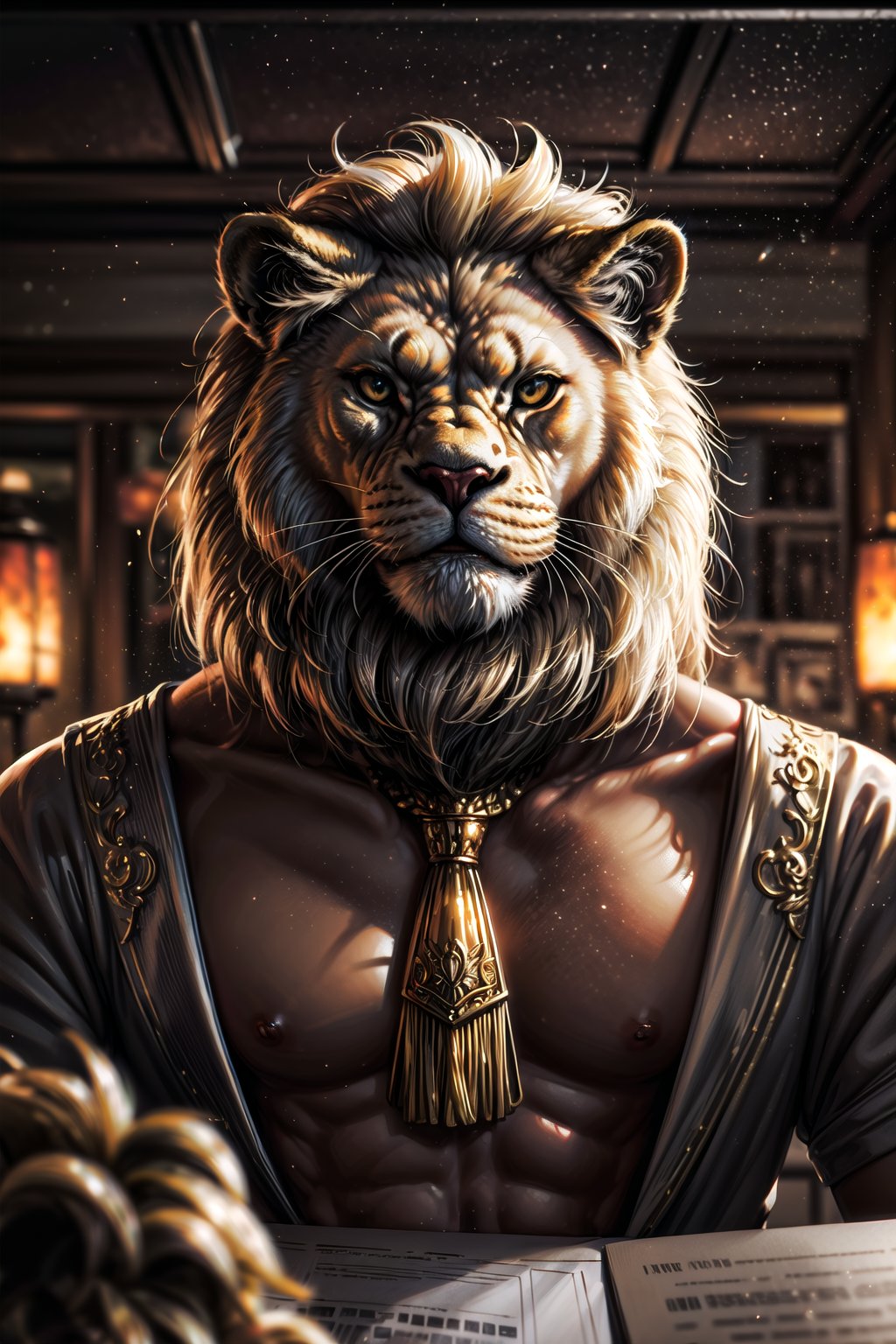 Best quality, 8k, Chiaroscuro ,animal, lion, Cinematic, Studio lightening, Realistic,  close up , bokeh, blur on the sides, muscular_body , human faced , beautiful long hair, handsome , Super Resolution, Extremely Detailed, In this close up In this witty and humorous illustration, a white lion takes on the role of a charismatic business executive. Dressed impeccably in a suit and tie, the lion sits confidently behind a polished wooden desk, ready to lead a corporate meeting. The artwork playfully combines the king of the jungle with the corporate world, offering a refreshing and whimsical take on the lion's iconic stature. The scene is filled with subtle details that add an element of fun and surprise. The scene invites smiles and evokes a sense of lightheartedness. white_lion,perfecteyes