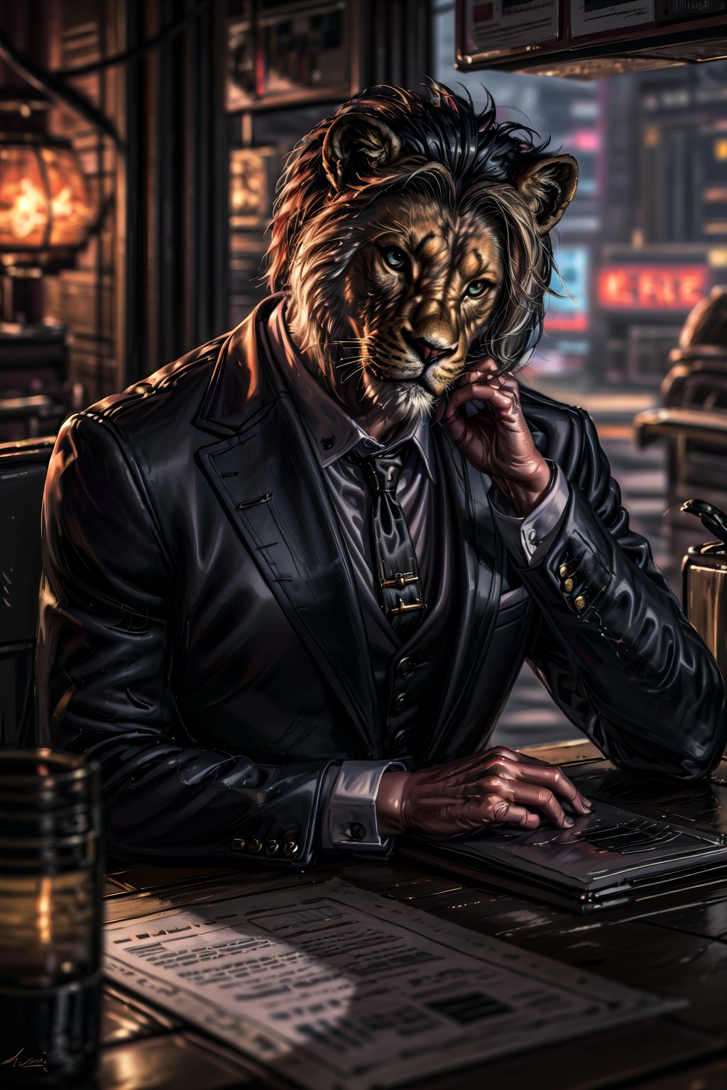 Best quality, 8k, Chiaroscuro ,animal, lion, Cinematic, Studio lightening, Realistic,  close up , bokeh, blur on the sides, muscular_body , human faced , handsome , Super Resolution, Extremely Detailed, In this close up humorous and imaginative illustration, A lion navigates a day at the office. He is dressed impeccably in a suit, sitting on his chair at the table in the office but his tail playfully peeks out from under the coat, adding a touch of canine charm to his professional appearance. The art style is a delightful blend of fantasy and realism, capturing the quirky and endearing aspects of this unique character. The scene invites smiles and evokes a sense of lightheartedness.,black_lion,perfecteyes