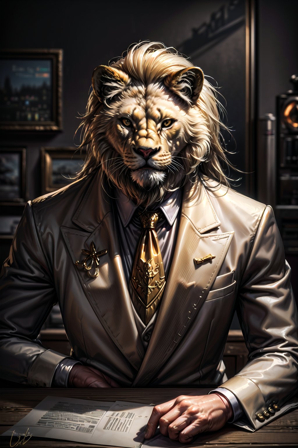 Best quality, 8k, Chiaroscuro ,animal, lion, Cinematic, Studio lightening, Realistic,  close up , bokeh, blur on the sides, muscular_body , human faced , beautiful long hair, handsome , Super Resolution, Extremely Detailed, In this close up In this witty and humorous illustration, a white lion takes on the role of a charismatic business executive. Dressed impeccably in a suit and tie, the lion sits confidently behind a polished wooden desk, ready to lead a corporate meeting. The artwork playfully combines the king of the jungle with the corporate world, offering a refreshing and whimsical take on the lion's iconic stature. The scene is filled with subtle details that add an element of fun and surprise. The scene invites smiles and evokes a sense of lightheartedness. white_lion,perfecteyes