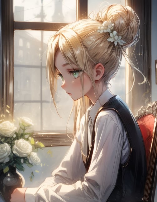 (greatest artwork), (cinematic), (Hdr Quality), (intricate detail art), (detailed drawing), (great colour), a young adult female, side view, emerald eyes, long messy bun hair, light blonde hair, brown waistcoat, buttoned long sleeves white shirt, stoic face, sitting on a wooden chair, inside a nicely decorated room, lights, 1 vase with white flower, 1 window, lean body, (high resolution), (high detailed face), (high detailed eyes), (high detailed body), SAM YANG,SAM YANG,1 girl,yuzu