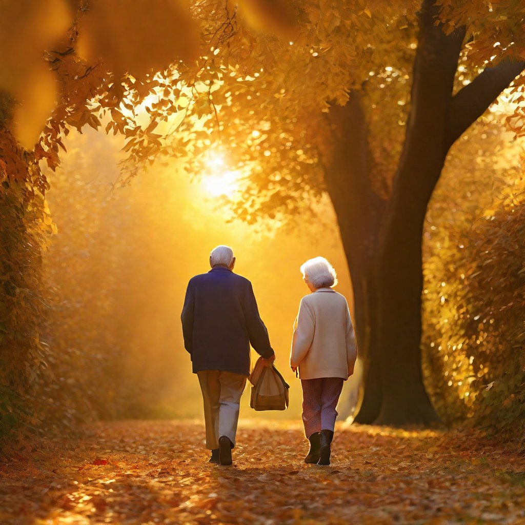 Elderly couple, walking in a rural park, autumn_leaves, sunset, from_behind