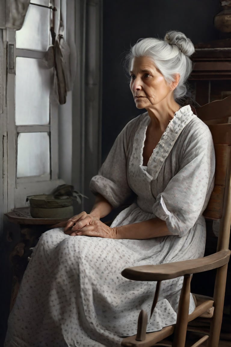 Portrait, old woman, hair_style:bun, grey_hair, sitting in rocking chair, hands in lap, deep wrinkles, empty room, sad eyes, white floral dress, apron , realistic