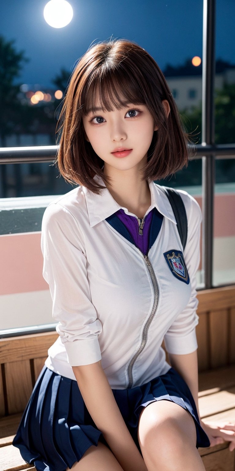 1 girl, very bright backlighting, solo, {beautiful and detailed eyes}, summer night, large breasts, dazzling moonlight, calm expression, natural and soft light, hair blown by the breeze, delicate facial features, Blunt bangs, beautiful korean girl, eye smile, tight school uniform, school, 20 yo, ((model pose)), Glamor body type, school, (colorful hair, Half red and half brown hair:1.2), colorful, (red and purple theme), film grain, high school girl, short hair, partially unzipped, sitting_down