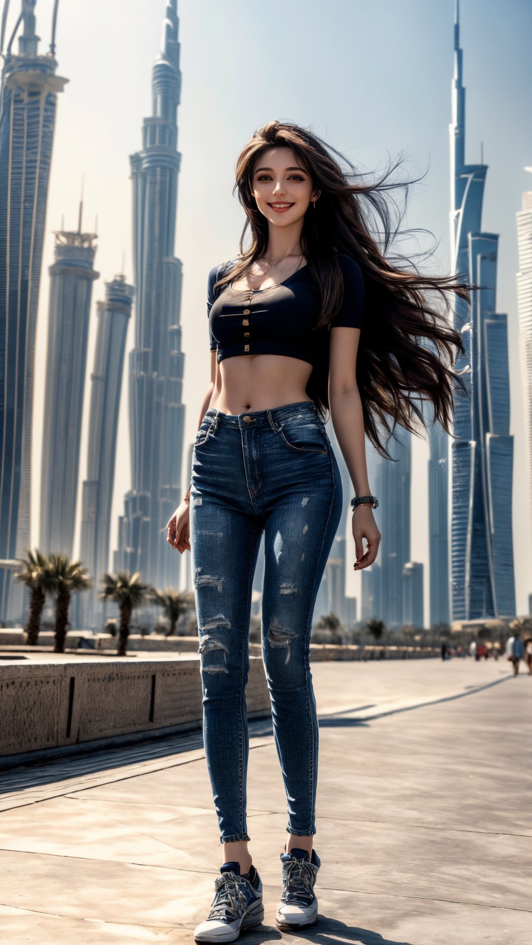 (8k, best quality, masterpiece:1.2), (realistic, photo-realistic:1.37), ultra-detailed, beautiful girl, playing in Dubai, Dubai Tower in the background, blue sky, realistic lighting, (full body:1.3), (cute smile:1.1), (detailed eyes:1.2), (long hair:1.2), (hair in the wind), (midriff:1.1), (skinny jeans), (tourist outfit), (colorful),1 girl