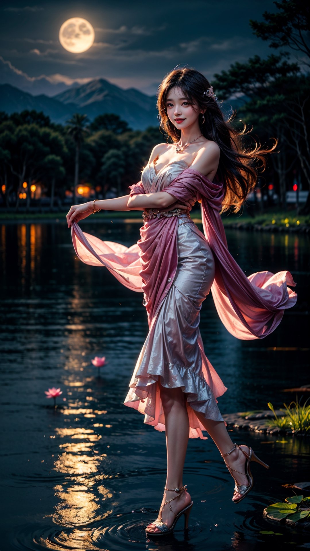 At the peaceful lotus pond, basked in the gentle moonlight, a girl appears, draped in a (figure-hugging:1.3) pink gown. Accentuated by a delicate waist belt and sparkling (jewelry:1.3), her attire features (layered skirts that gracefully flow:1.2), reminiscent of the lotus petals. Her (flowing locks:1.3) dance in the air, echoing the movements of the serene lotus leaves. The moonlight reflects upon the blooming lotus flowers, creating a scene of ethereal beauty. With a radiant smile, (high-heeled shoes:1.2), the girl emanates joy, as if she embodies the vibrant spirit of the lotus pond,perfecteyes