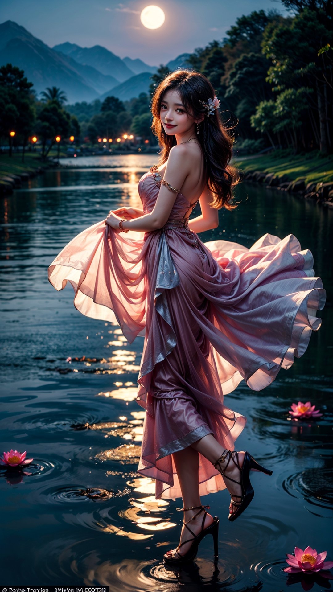 At the peaceful lotus pond, basked in the gentle moonlight, a girl appears, draped in a (figure-hugging:1.3) pink gown. Accentuated by a delicate waist belt and sparkling (jewelry:1.3), her attire features (layered skirts that gracefully flow:1.2), reminiscent of the lotus petals. Her (flowing locks:1.3) dance in the air, echoing the movements of the serene lotus leaves. The moonlight reflects upon the blooming lotus flowers, creating a scene of ethereal beauty. With a radiant smile, (high-heeled shoes:1.2), the girl emanates joy, as if she embodies the vibrant spirit of the lotus pond,perfecteyes