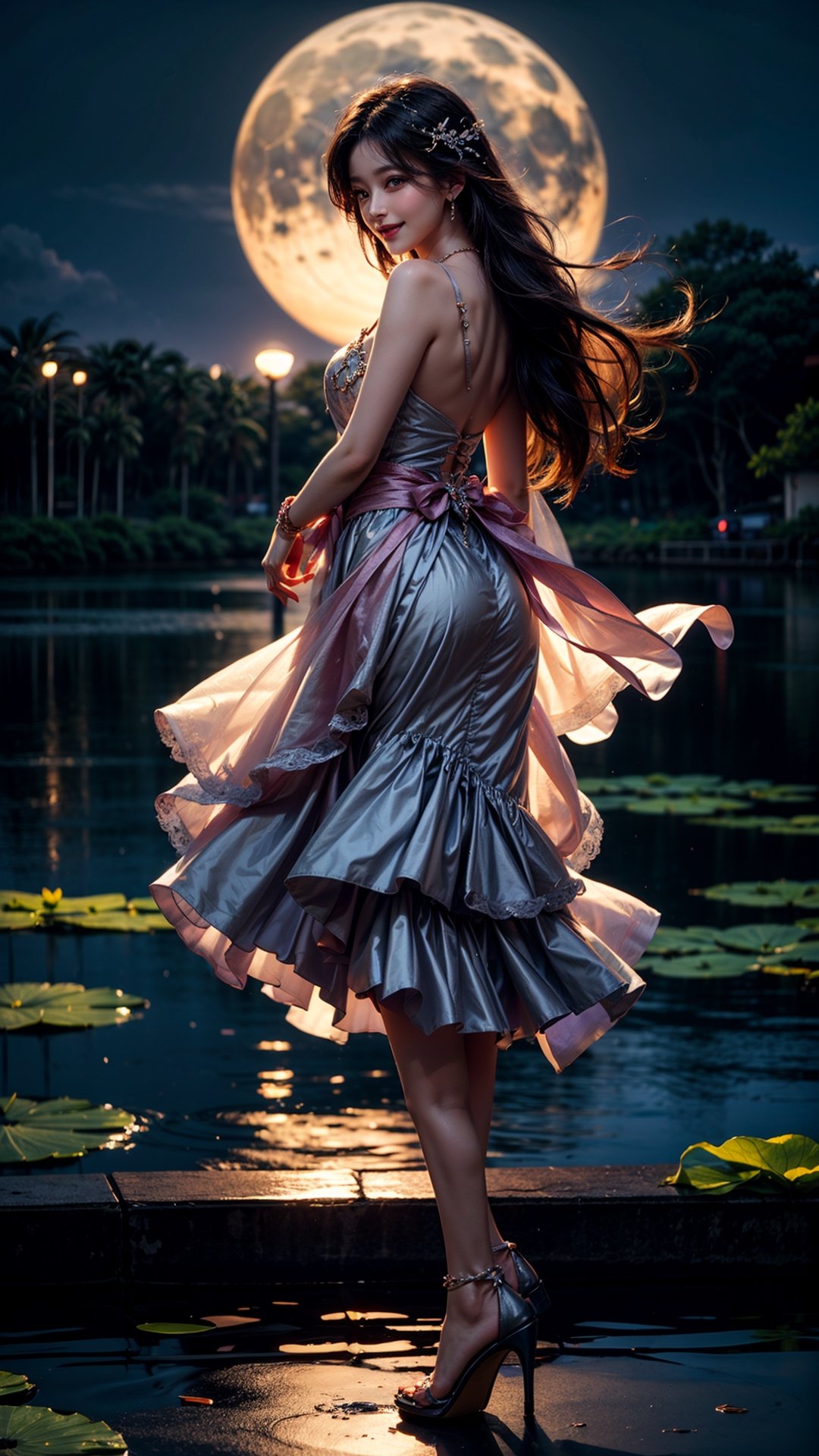 At the peaceful lotus pond, basked in the gentle moonlight, a girl appears, draped in a (figure-hugging:1.3) pink gown. Accentuated by a delicate waist belt and sparkling (jewelry:1.3), her attire features (layered skirts that gracefully flow:1.2), reminiscent of the lotus petals. Her (flowing locks:1.3) dance in the air, echoing the movements of the serene lotus leaves. The moonlight reflects upon the blooming lotus flowers, creating a scene of ethereal beauty. With a radiant smile, (high-heeled shoes:1.2), the girl emanates joy, as if she embodies the vibrant spirit of the lotus pond,perfecteyes