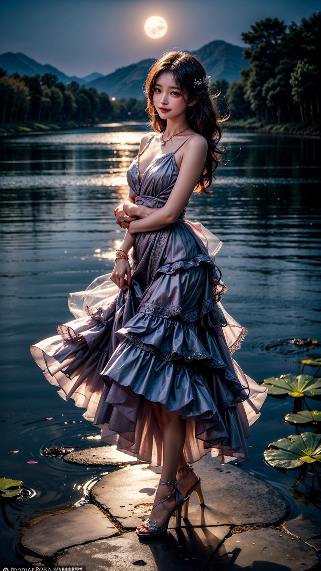 At the peaceful lotus pond, basked in the gentle moonlight, a girl appears, draped in a (figure-hugging:1.3) pink gown. Accentuated by a delicate waist belt and sparkling (jewelry:1.3), her attire features (layered skirts that gracefully flow:1.2), reminiscent of the lotus petals. Her (flowing locks:1.3) dance in the air, echoing the movements of the serene lotus leaves. The moonlight reflects upon the blooming lotus flowers, creating a scene of ethereal beauty. With a radiant smile, (high-heeled shoes:1.2), the girl emanates joy, as if she embodies the vibrant spirit of the lotus pond,perfecteyes