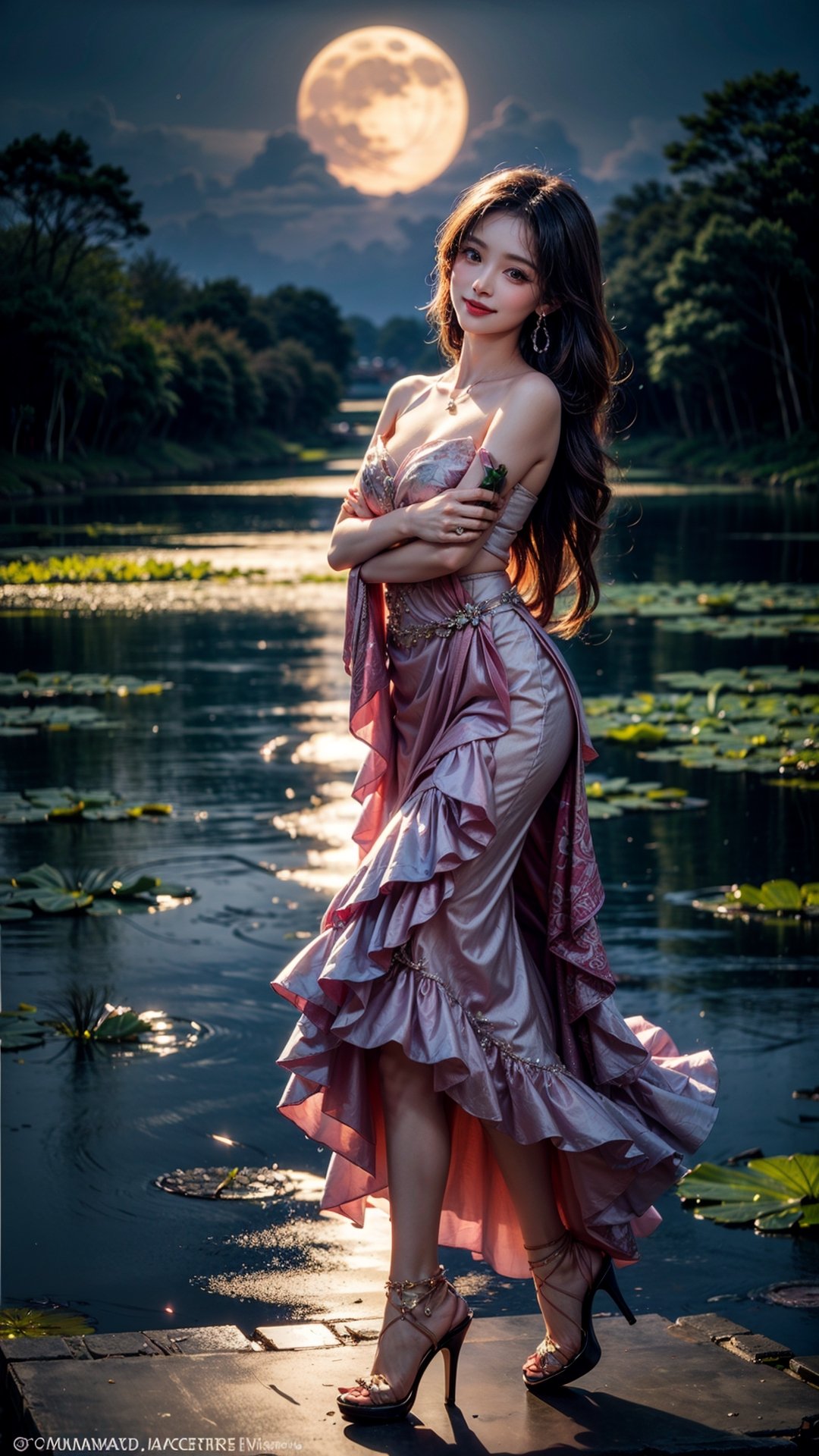 At the peaceful lotus pond, basked in the gentle moonlight, a girl appears, draped in a (figure-hugging:1.3) pink gown. Accentuated by a delicate waist belt and sparkling (jewelry:1.3), her attire features (layered skirts that gracefully flow:1.2), reminiscent of the lotus petals. Her (flowing locks:1.3) dance in the air, echoing the movements of the serene lotus leaves. The moonlight reflects upon the blooming lotus flowers, creating a scene of ethereal beauty. With a radiant smile, (high-heeled shoes:1.2), the girl emanates joy, as if she embodies the vibrant spirit of the lotus pond,perfecteyes