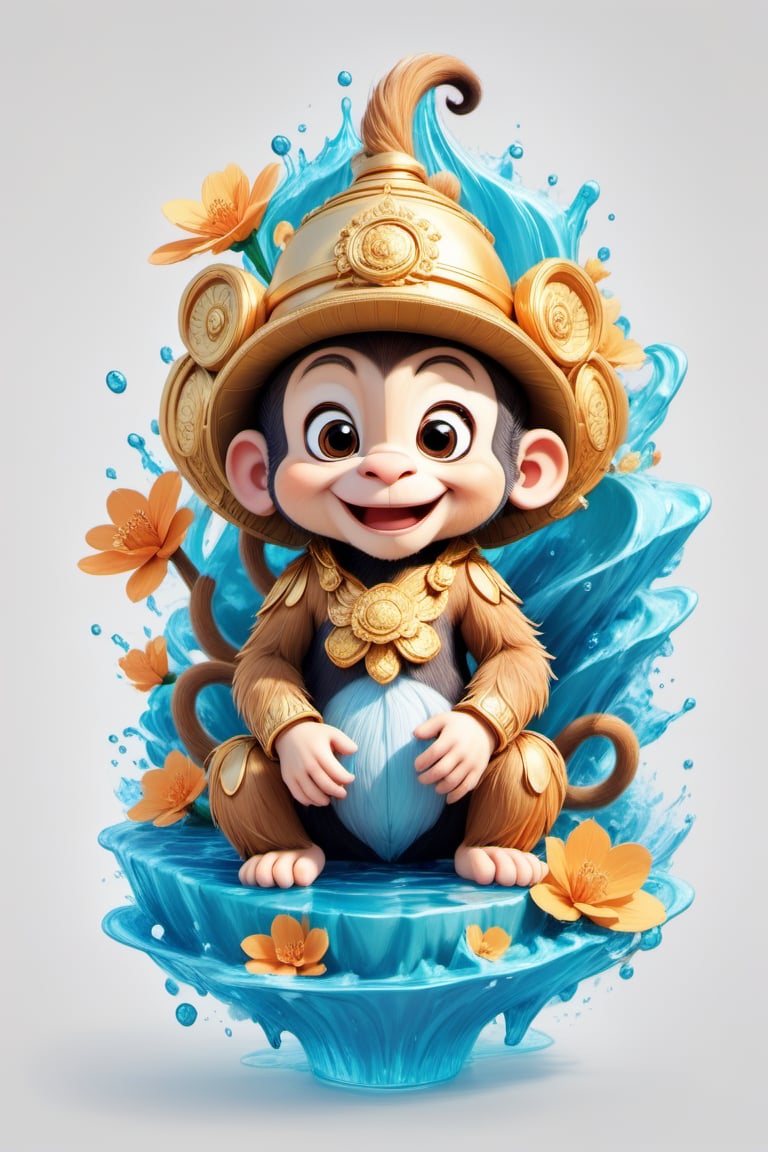 colorfull cloud, flower splash, water splash, nature, monkey, Leonardo Style,oni style,3d style, solid color, vector style, illustration,vector art,3d