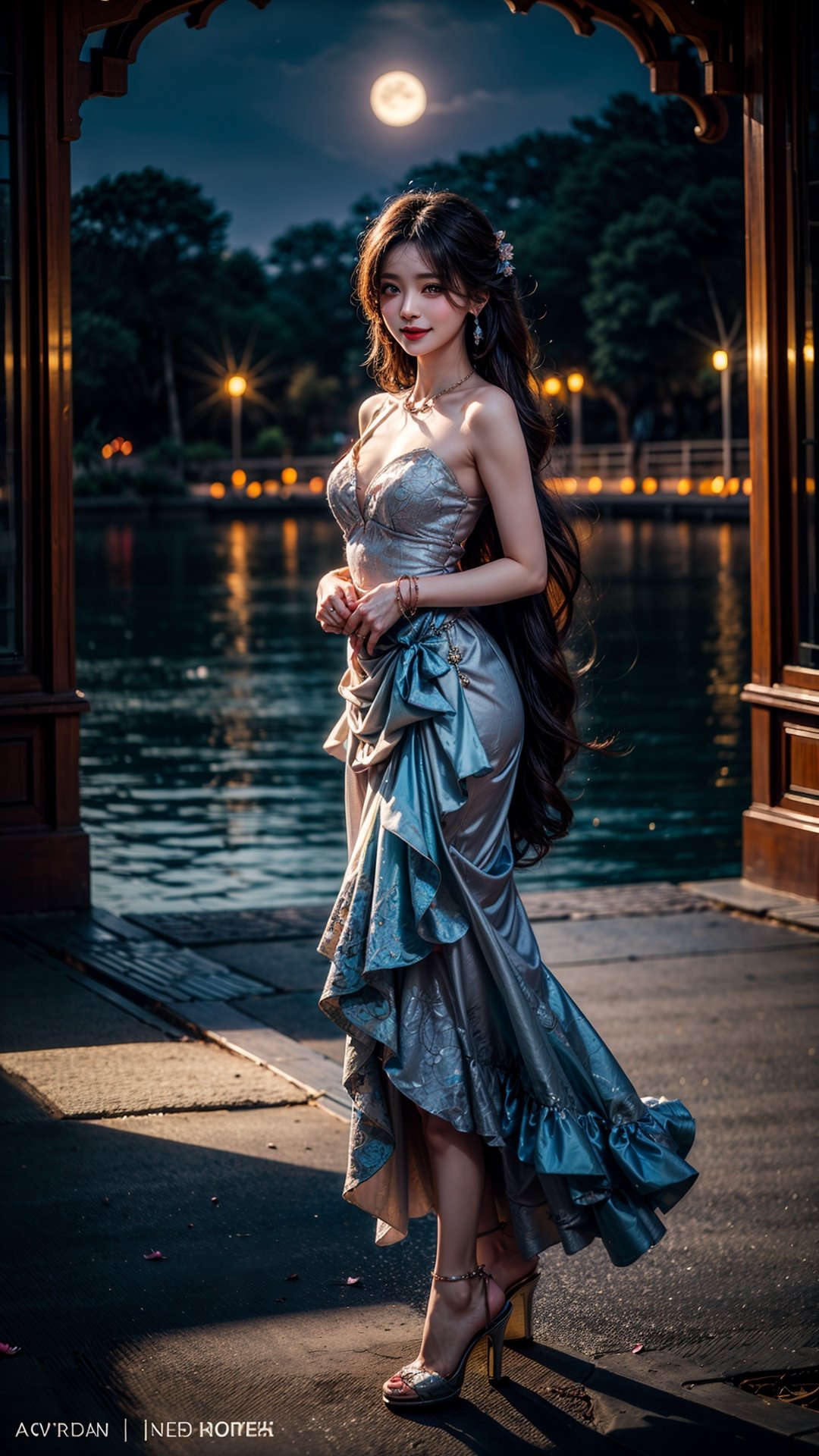 At the peaceful lotus pond, basked in the gentle moonlight, a girl appears, draped in a (figure-hugging:1.3) pink gown. Accentuated by a delicate waist belt and sparkling (jewelry:1.3), her attire features (layered skirts that gracefully flow:1.2), reminiscent of the lotus petals. Her (flowing locks:1.3) dance in the air, echoing the movements of the serene lotus leaves. The moonlight reflects upon the blooming lotus flowers, creating a scene of ethereal beauty. With a radiant smile, (high-heeled shoes:1.2), the girl emanates joy, as if she embodies the vibrant spirit of the lotus pond,perfecteyes