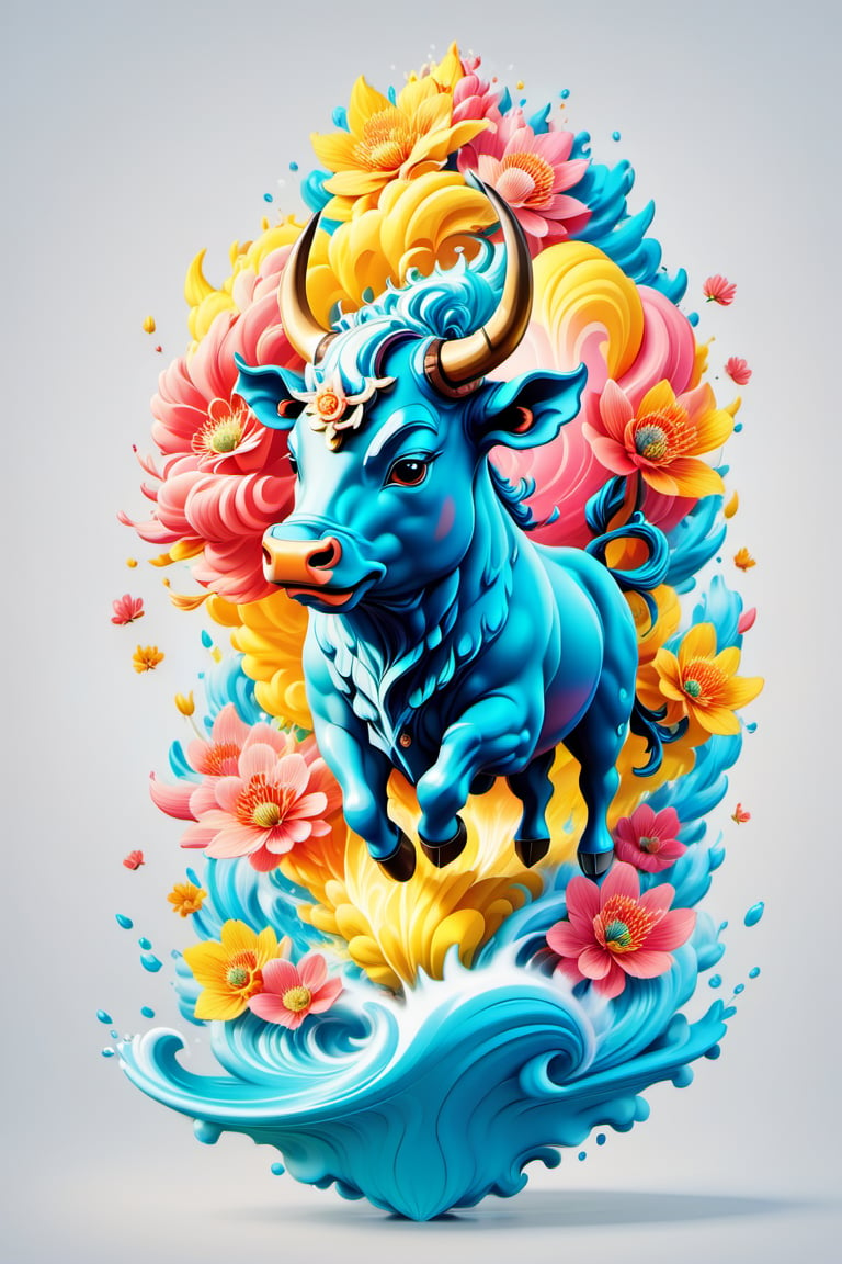 colorfull cloud, flower splash, water splash, nature, bull, Leonardo Style,oni style,3d style, solid color, vector style, illustration,vector art,3d