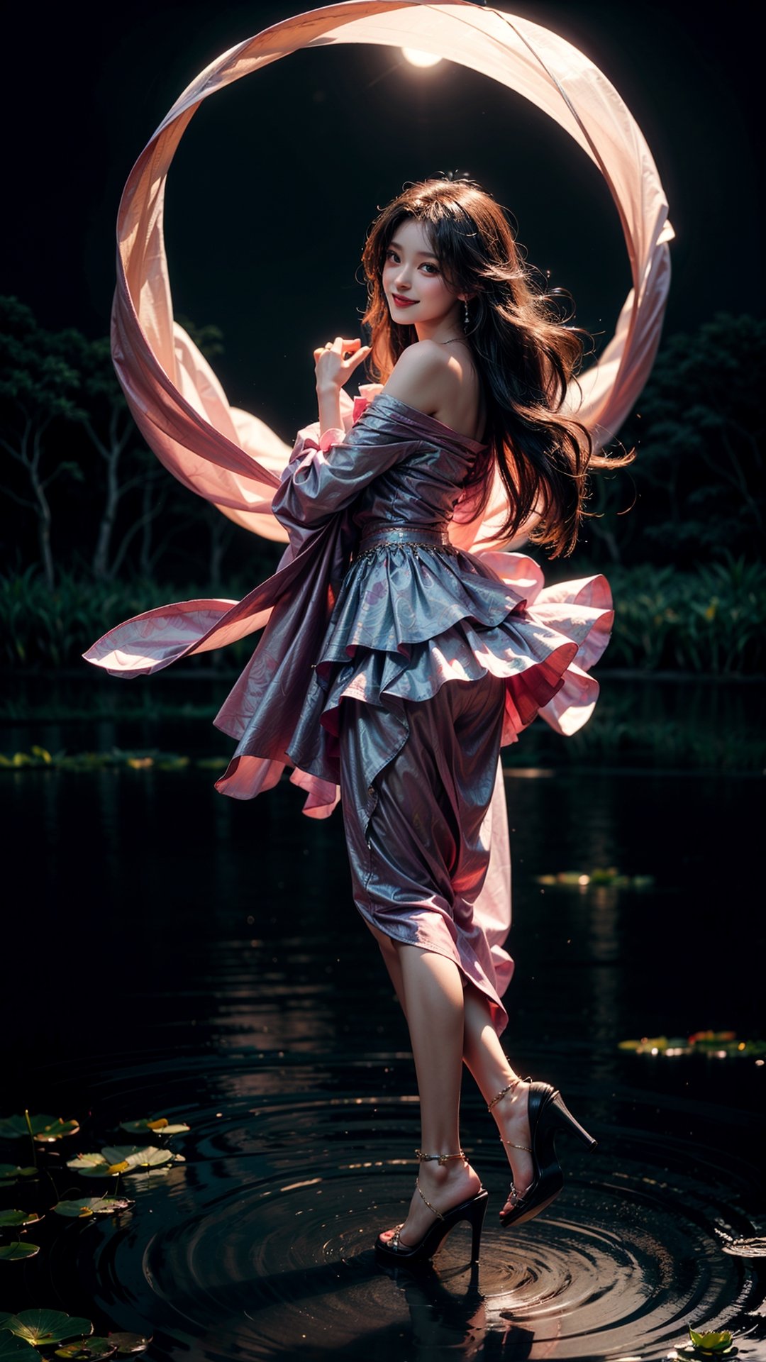 At the peaceful lotus pond, basked in the gentle moonlight, a girl appears, draped in a (figure-hugging:1.3) pink gown. Accentuated by a delicate waist belt and sparkling (jewelry:1.3), her attire features (layered skirts that gracefully flow:1.2), reminiscent of the lotus petals. Her (flowing locks:1.3) dance in the air, echoing the movements of the serene lotus leaves. The moonlight reflects upon the blooming lotus flowers, creating a scene of ethereal beauty. With a radiant smile, (high-heeled shoes:1.2), the girl emanates joy, as if she embodies the vibrant spirit of the lotus pond,perfecteyes