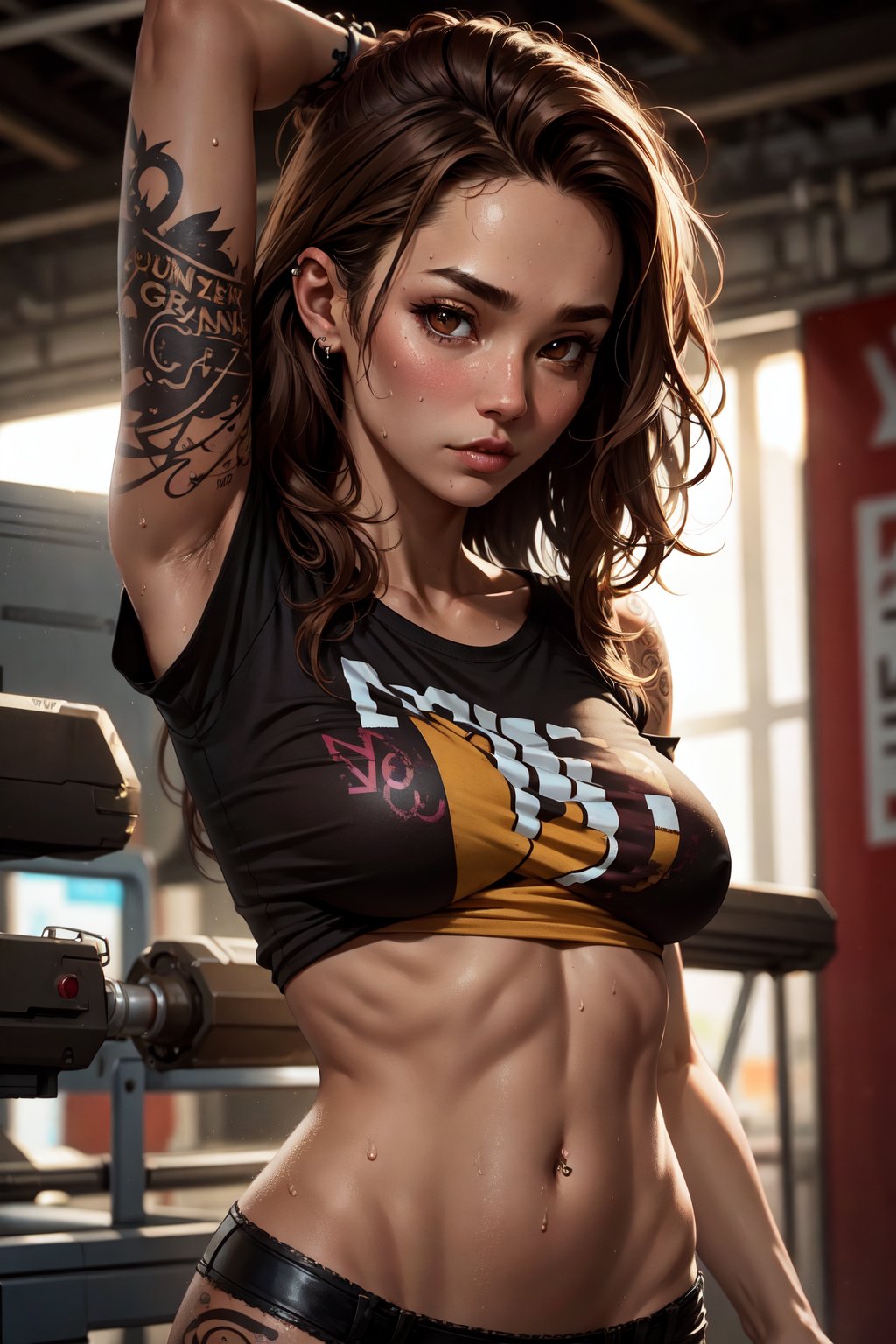 (1girl), medium breasts, tan, dewy skin, sweaty skin, wavy brown hair, punk tshirt, punk girl,VineTattoo,SAM YANG