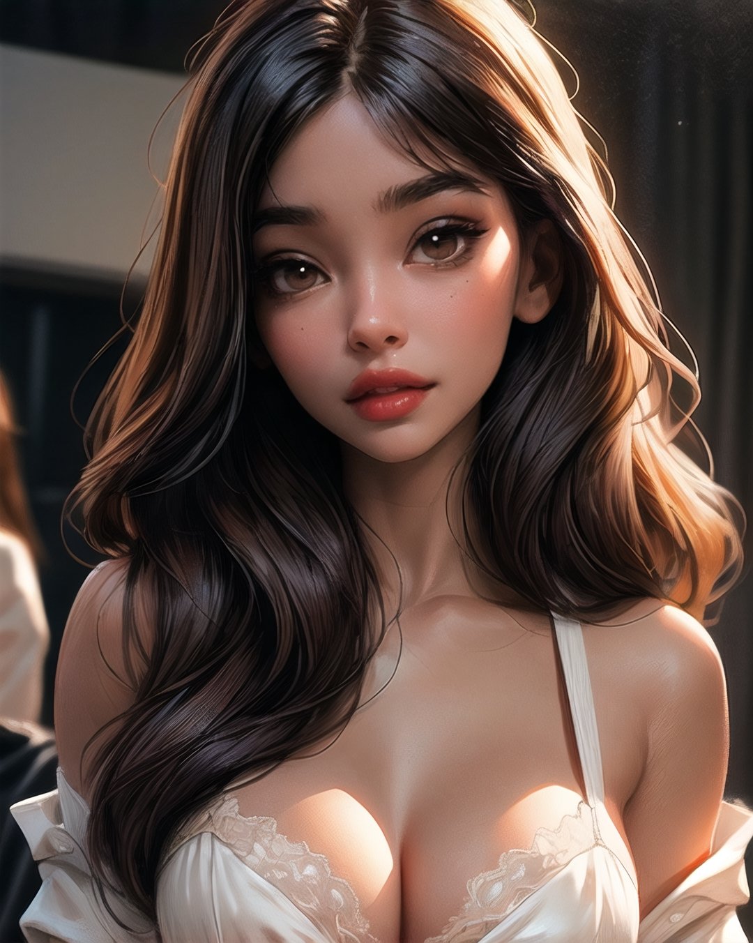 (masterpiece, best quality), 1girl, Champagne Sheer Teddy with Lace Trim, Firm, Square Face, Dark Skin, Straight Nose, Plump Lips, Sharp Chin, Rose glossy lipstick, ginger Silky Hair Shoulder-long Hair Bangs, fashion studio, spill light, mjhot,Ingrid,Detailedface,Realism,SAM YANG, 