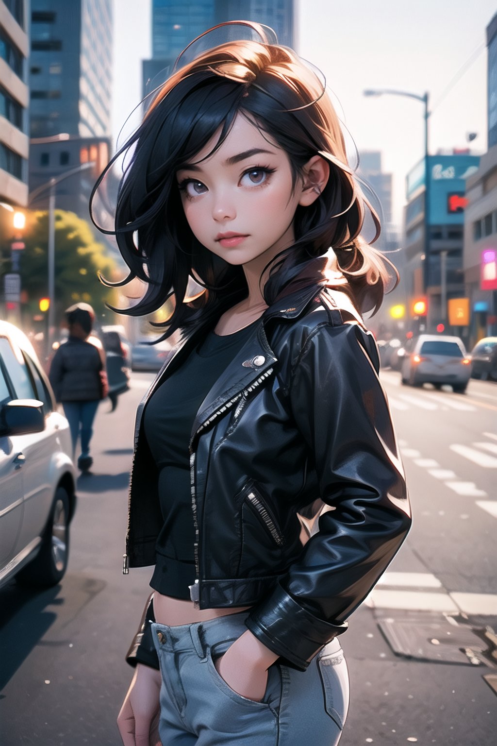 centered, award winning upper body digital art, (hyperelistic shadows), masterpiece, | korean, tight blue jean, open leather jacket, | city, sea, bokeh, blurred background, depth of field,SAM YANG,3DMM,Niji Kei