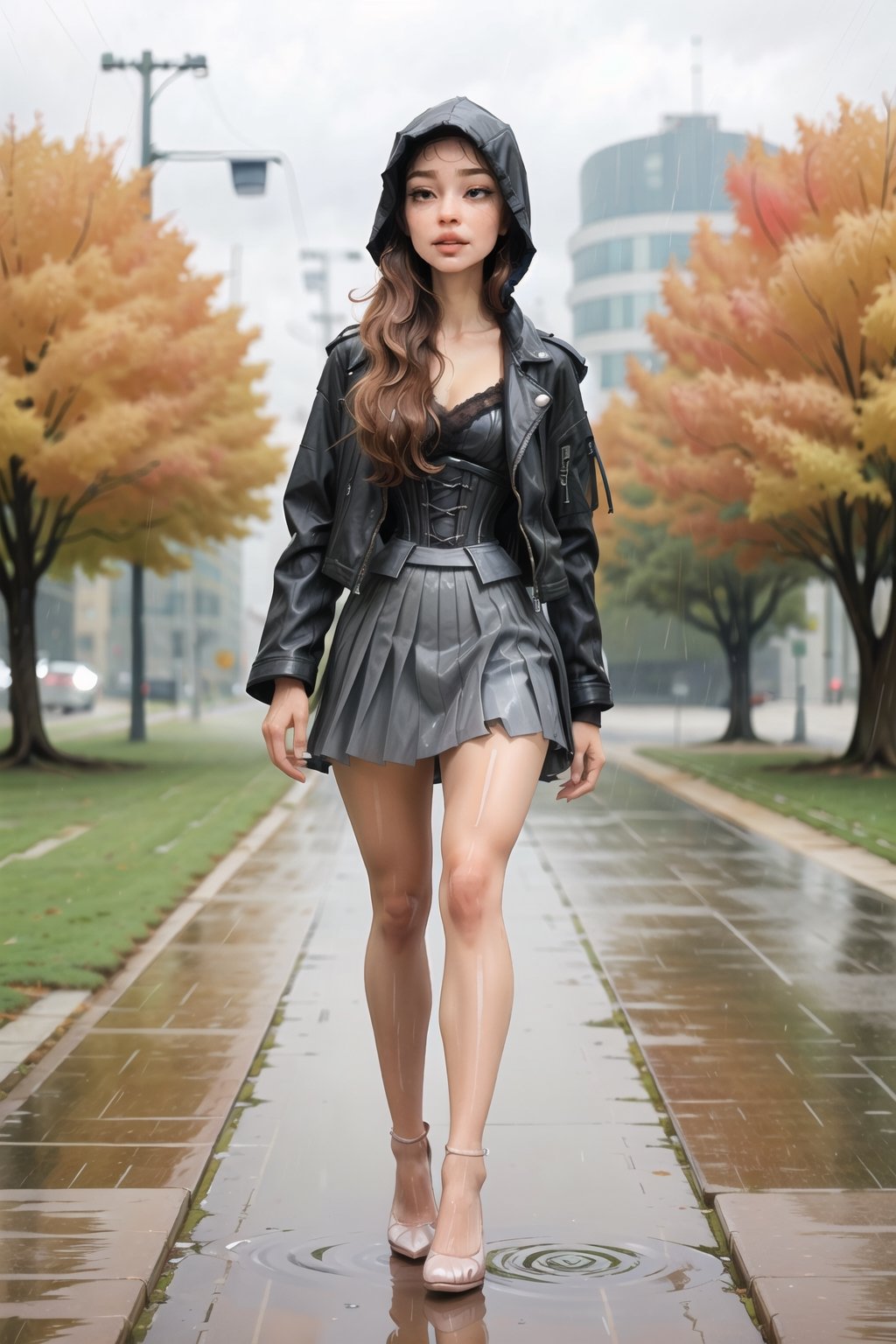 masterpiece, 1woman, skinny, ultra-realistic, wet hair, (face: dry, beautiful, cute, clear, detailed, squint eyes, looking straight at viewer, suspicious, pale lips), head is up, chin is up, long eyelashes, natural body proportions, (thin thighs), perfect body shape, perfect legs, (thin hips), perfect nails, high detailed, 8k, ultra details, long hair, transparent blouse, high heels, (skirt: extended to the knees, grey, leather, loose), corset, (transparent jacket:short), outdoor, autumn, full body, heavy rain, heavy wind, storm, transparent coat, transparent hood, grey transparent tights with pattern, busy background, megalopolis,WonderWaifu,SAM YANG,Detailedface,mjhot