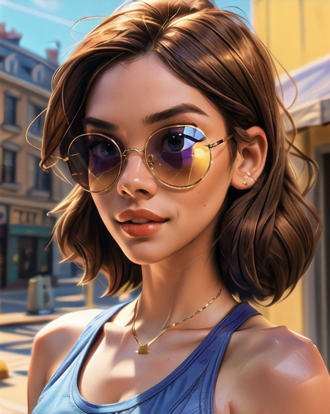 ((best quality)), ((masterpiece)), (detailed), 1girl, portrait, precise, head only, finely detail, depth of field, shine, highres, original, perfect lighting, colorful, centered, realistic face, photorealism,
bodycon tank top, , (aviators, tinted sunglasses, reflection),SAM YANG,3DMM