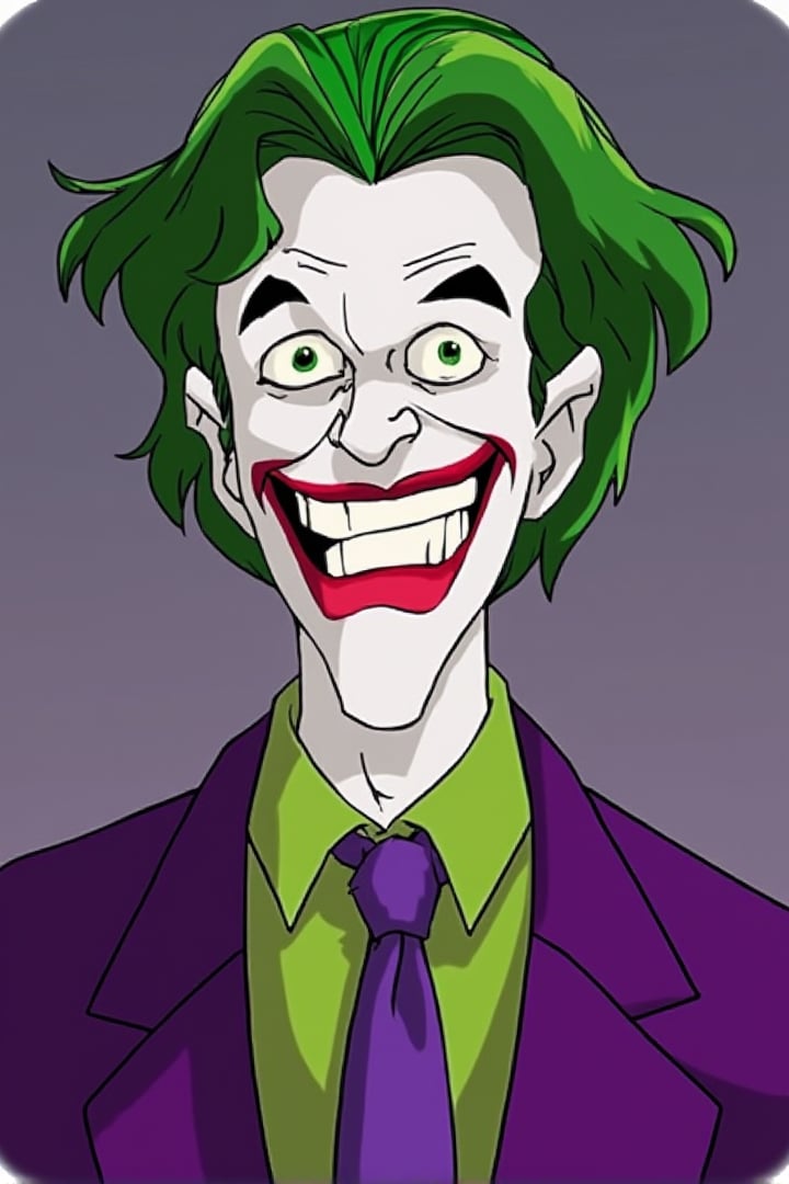 animation,  a 40 years old man, messy short hair, lime  green hair, lime green eyes, thin, pale white skin color, red clown lipstick, wearing an elegant purple suit, lime green shirt, purple tie, crazy smiling, open mouth,  flat colors, joinTheEvolution