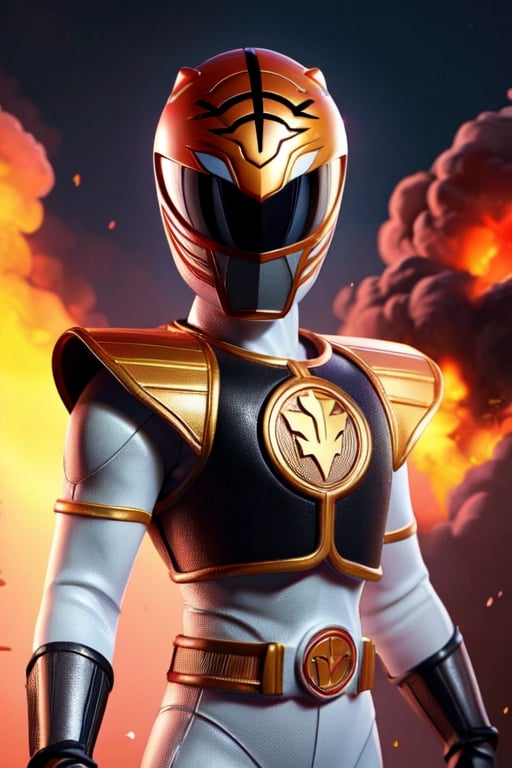 (CGI: 1.2), (Pixar: 1.2), 1man, White_Ranger, solo, black breastplate, detailed helmet and armor, city and explosions in background, detailed skin,perfect eyes,perfect skin ,detailed skin, (caricature: 0.2), cute big circular eyes,3DMM