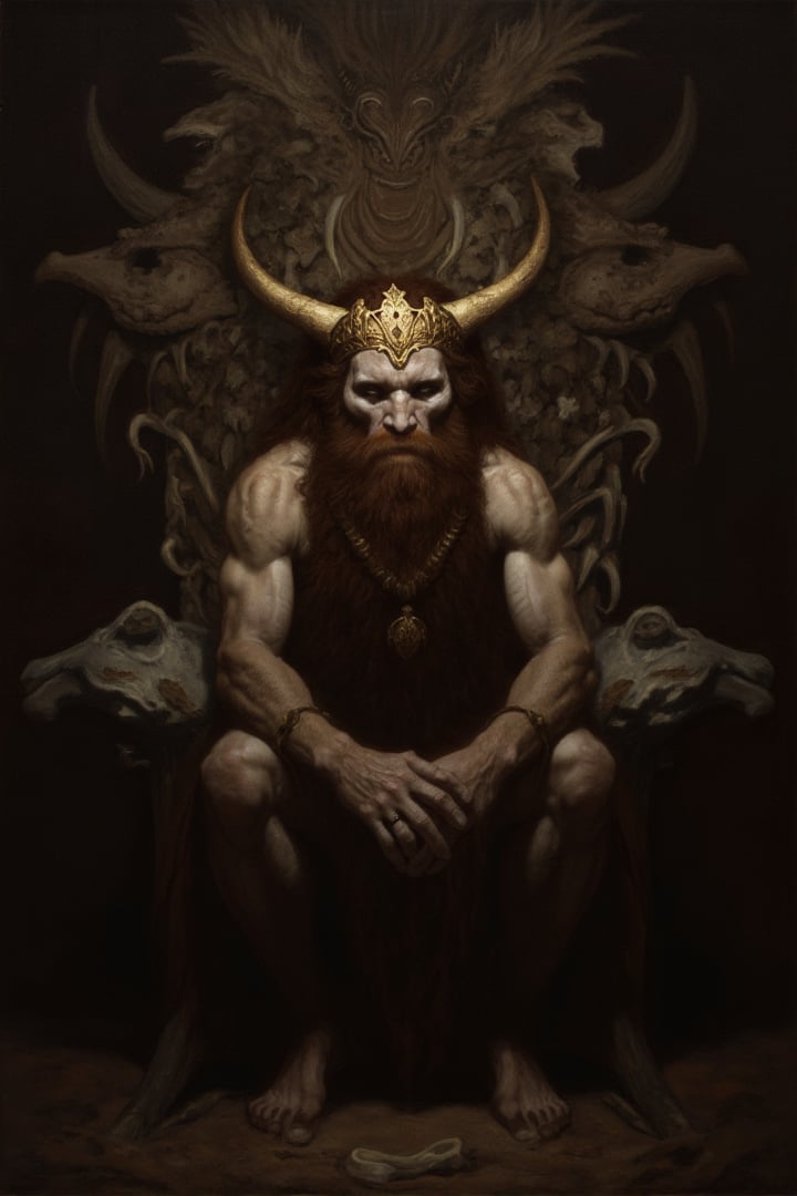 chiaroscuro painting, a prehistoric wildman,  wearing a bony crown, sitting on a throne made from animal bones, newhorrorfantasy_style, oil on canvas