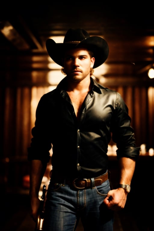 RAW photo, modelshoot photo, upper_body, closeup, 1man, cowboy costume,  standing,  holding a revolver, western saloon interior in the background, (high detailed skin:1.2), moody, epic, gorgeous, film grain, grainy, award-winning photo, absurdres, masterpiece, ultradetailed