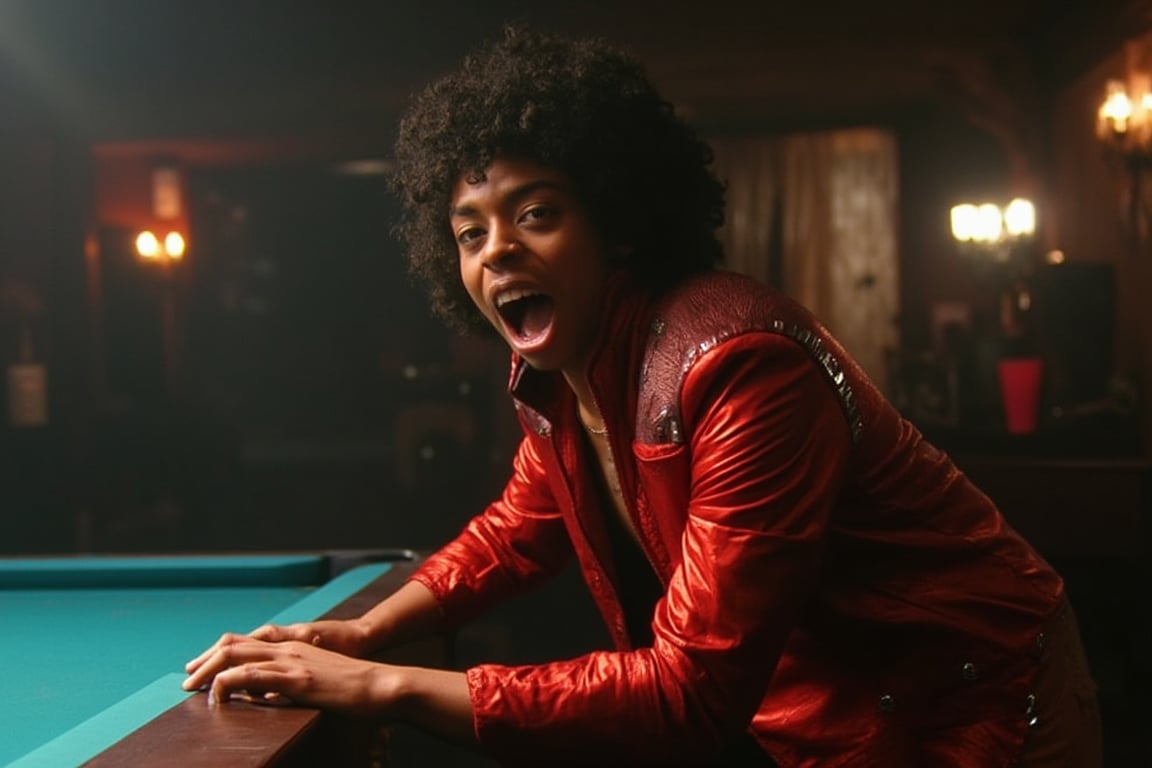 a young man, african, dark skin, messy short hair, black hair, intense and energetic expression, screaming, open mouth, confidence, dynamic pose, looking at viewer, wearing a shiny retro red jacket with metallic shoulder accents, standing next to a pool table, with one hand gripping the edge of the pool table,  dimly lit pool hall in the background, the lighting softly illuminating the background with a smoky haze, moody atmosphere, dim overhead lights casting soft shadows over the scene,  oldCoolNiko