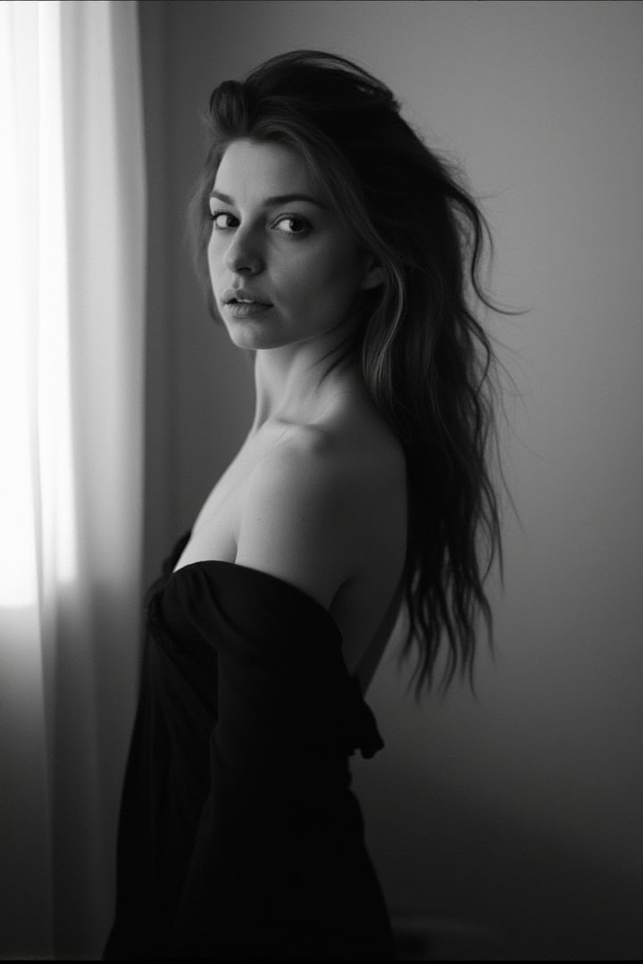 a woman, natural beauty, delicated featured face, deep looking, long ponytail, wearing a beautiful black Simri dress, simple background with curtains, black&white, grayscale, 400 ISO film, analog photo, film grain,400OldMemories