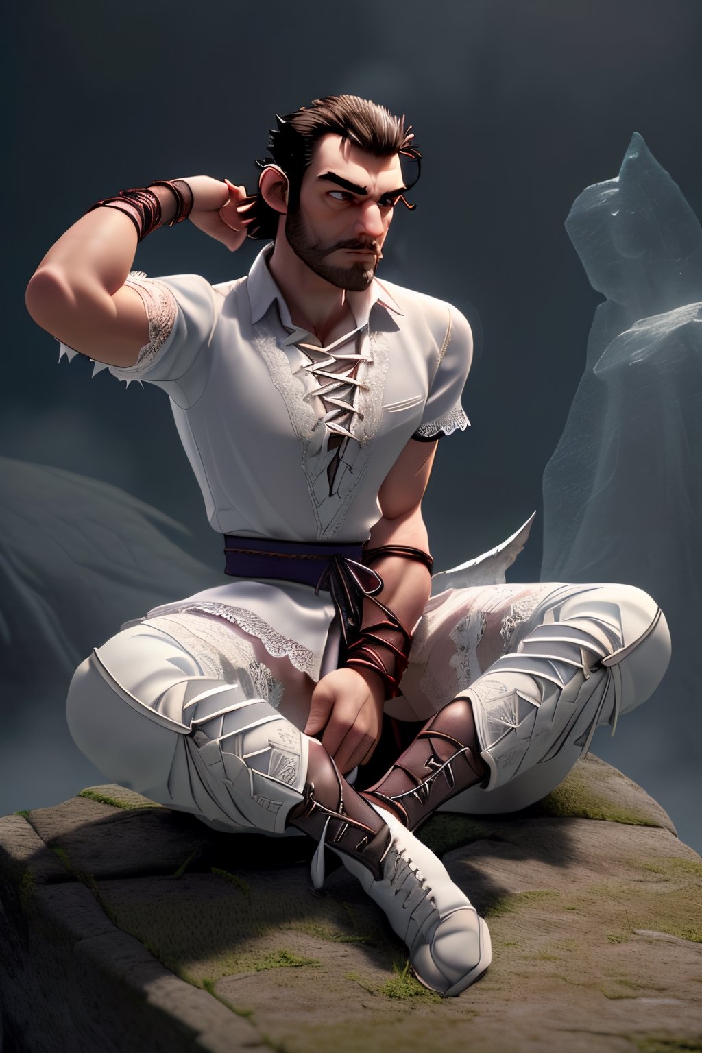 professional 3d model, solo, a grizzled fantasy martial artist meditating in a shrine, glowing battle aura, (arm made out of mist, disembodied arm background:1.4), sitting with legs crossed, wearing pants, (wearing torn white lace-up shirt:1.5), wild hair, (bushy sideburns:1.5), octane render, highly detailed, volumetric, dramatic lighting