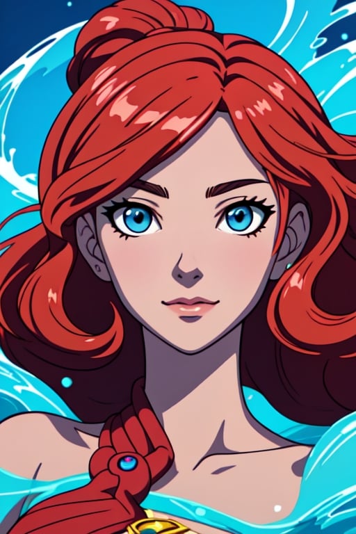 full-face portrait illustration, anime key visual, cartoon style, a woman, delicate features, soft smile, sparkling eyes, blue eyes, red hair, (luminous skin: 1.2), radiant complexion, (graceful posture: 1.3), colorful outfit, playful accesories, captivating ambiance, (cascading waves: 1.2),<lora:659111690174031528:1.0>