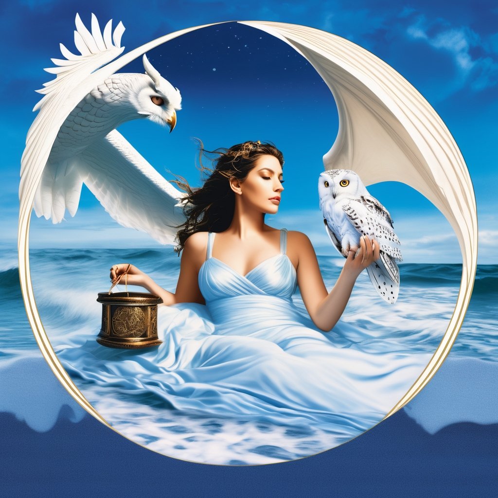 product photo cd,  cover art of an hyperrealistic  woman laying in the ocean with a white owl holding a scroll above her and the world in the eye of a dragon in the sky, blue color scheme