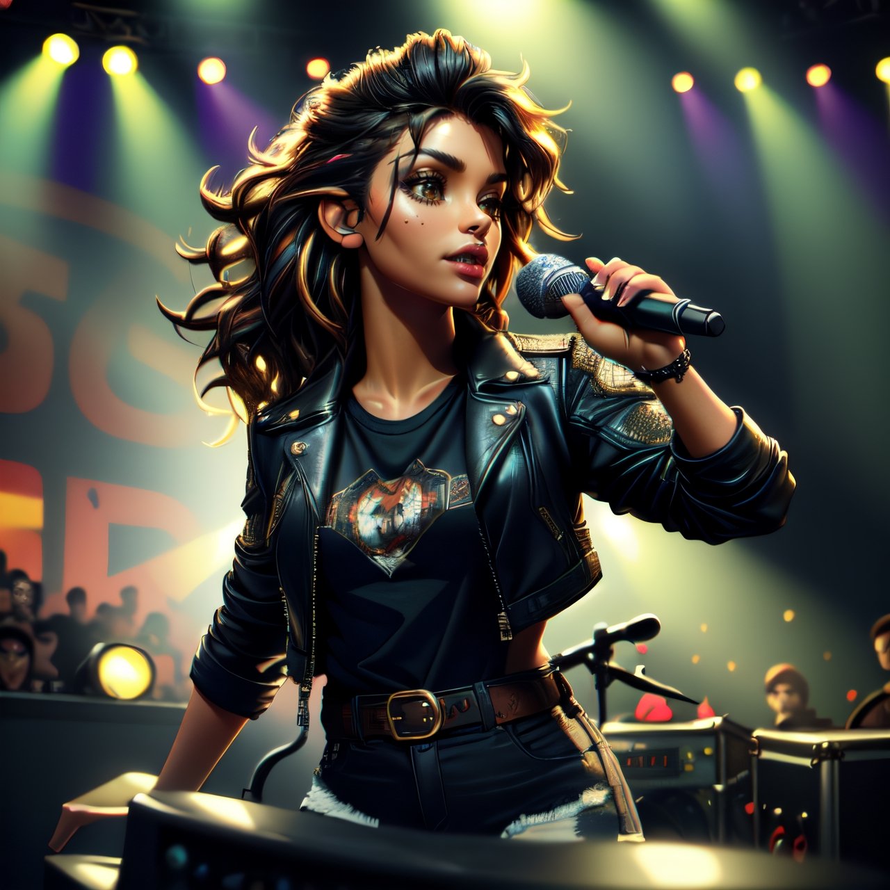 (best quality: 1.2), (realistic: 1.2), (masterpiece: 1.2), (detailed), 1woman, wearing a leather jacket, band t-shirt, small breasts size, messy hair, winged eyeliner, a cluttered dirty grunge club stage in the background, colorful stage lights, instruments, mounted microphone stand, amplifiers, speakers, (anatomical masterpiece: 1.2), (high detailed skin: 1.2), absurdres, HDR,leonardo,