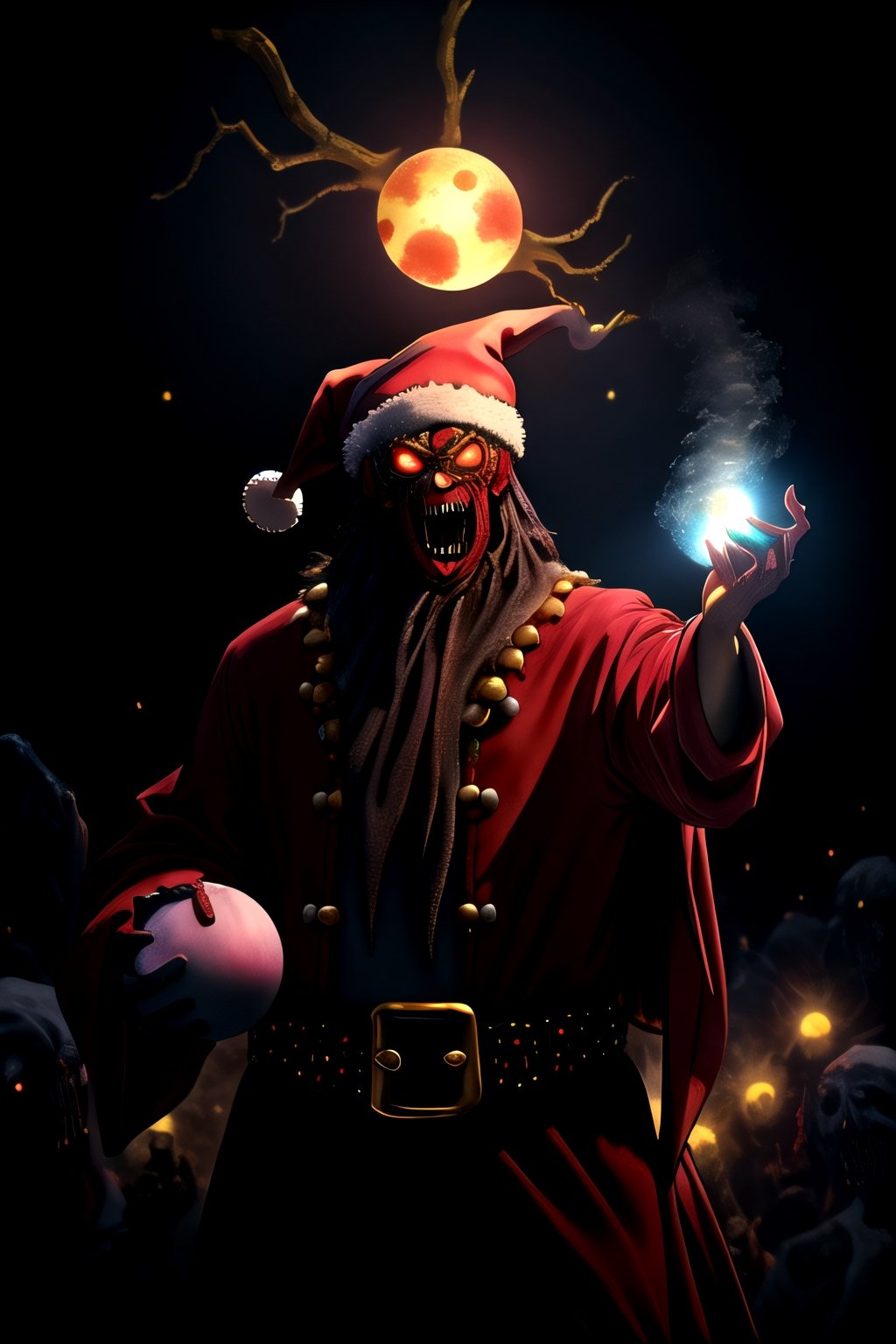 (best quality: 1.2), (masterpiece: 1.2), (realistic: 1.2), (detailed),  solo, upper_body, a zombified Lich monster, (wearing santa claus clothes: 1.3), holding a glowing orb, ghouls orde on the background,  Frank Frazetta artstyle, (masterpiece: 1.2), absurdres, HDR,