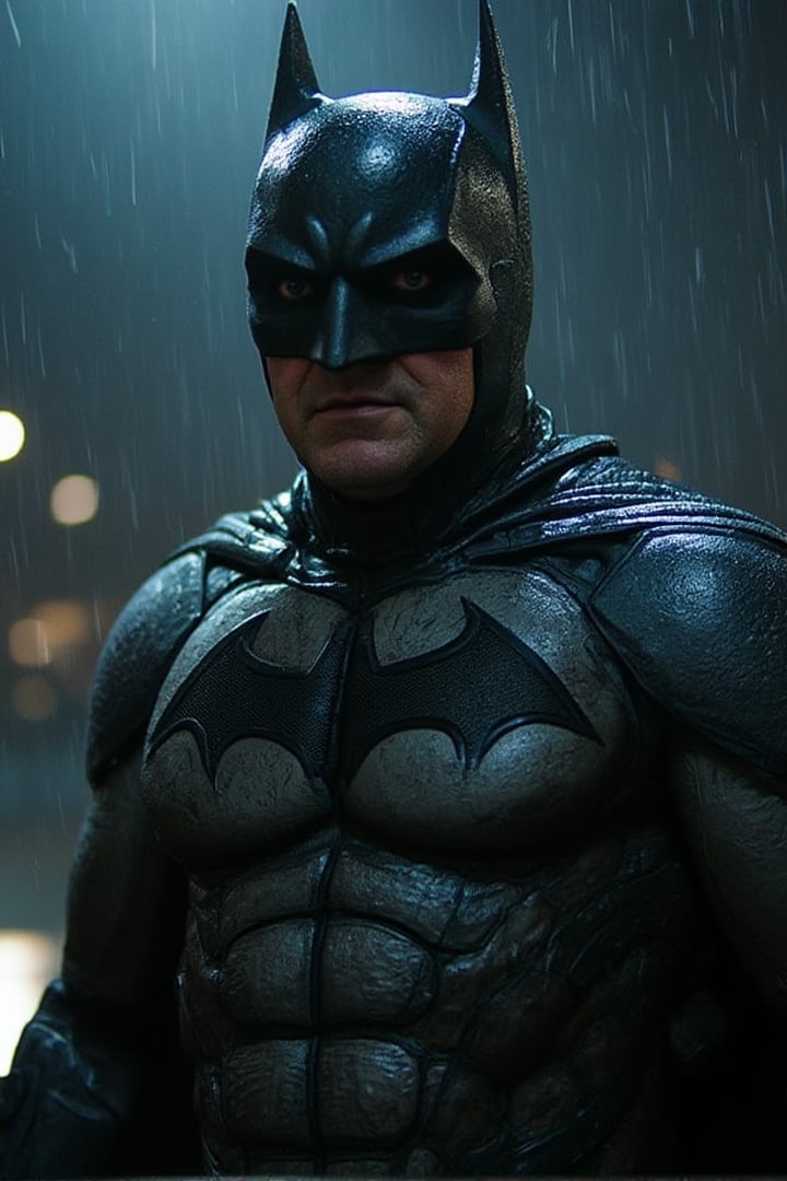 old man dressed as batman, muscled, hi-tech armoured, scarred, gritted teeth, fighting pose, raining, outdoors, at night, epic photo,  oldCoolNiko