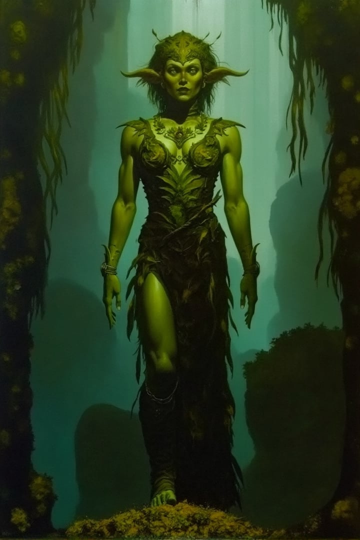 chiaroscuro painting, a female elf warrior, emerald green skin color, flowing hair, wearing a tribal armour made of leaves, stands poised on a moss-covered stone, enchanted jungle in the background, newhorrorfantasy_style, oil on canvas