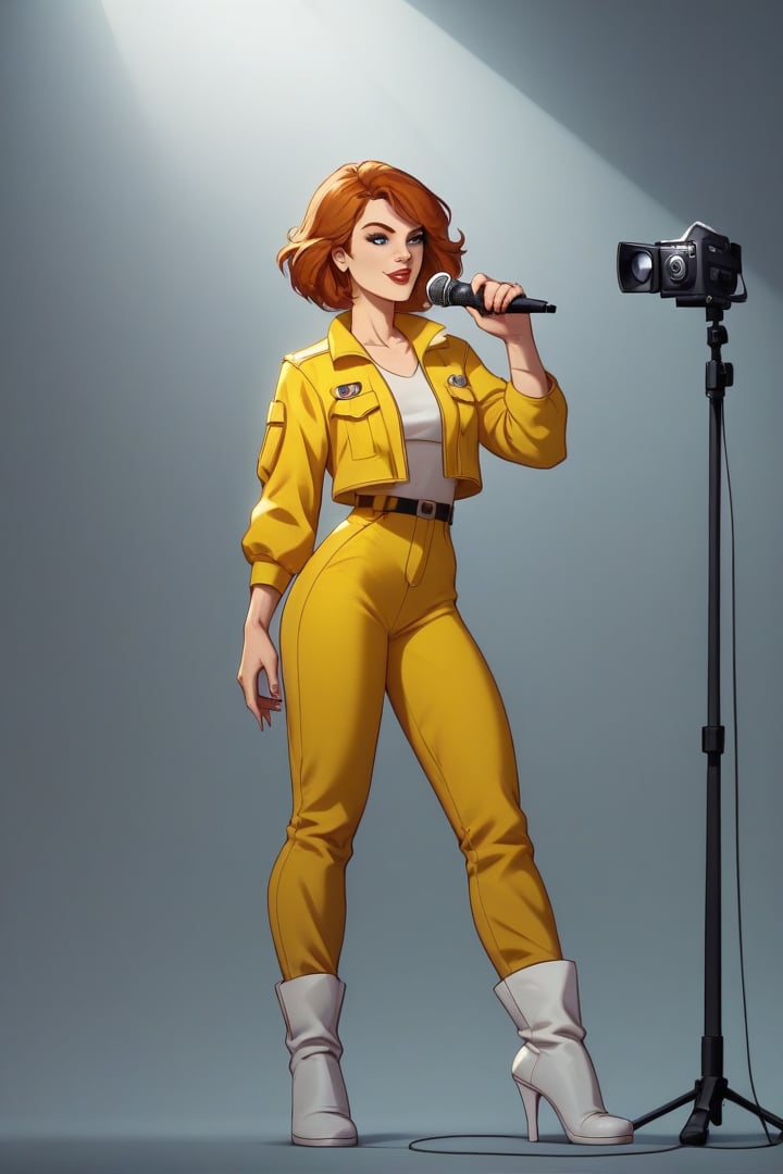 score_9,score_8_up,score_7_up, solo, 1woman, April Oneil, yellow jumpsuit, white high heel boots, microphone, video camera, rating_safe, joinTheEvolution