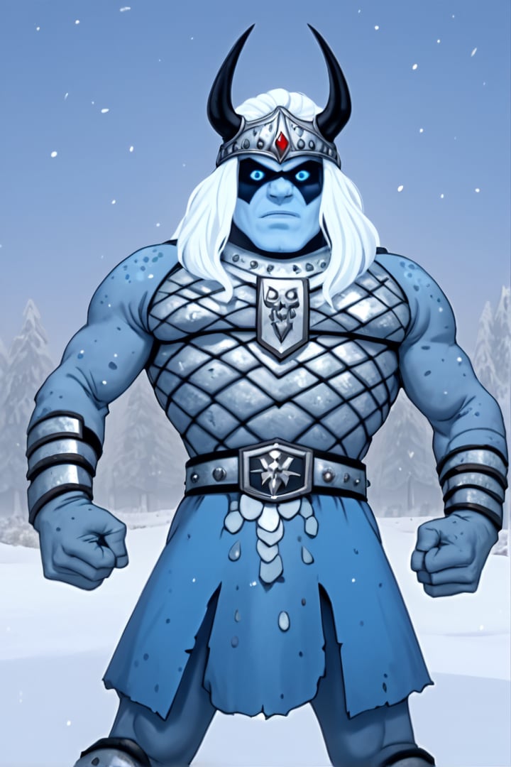 score_9,score_8_up,score_7_up, solo, 1man, gladiator, wearing an icy blue armor, his eyes are visible through his medieval helmet, glowing light blue eyes, he wields a massive frost-covered hammer, fighting stance, frosty aura, snowy mountains scene in the background, ice particles,  newhorrorfantasy_style,megaPals,joinTheEvolution